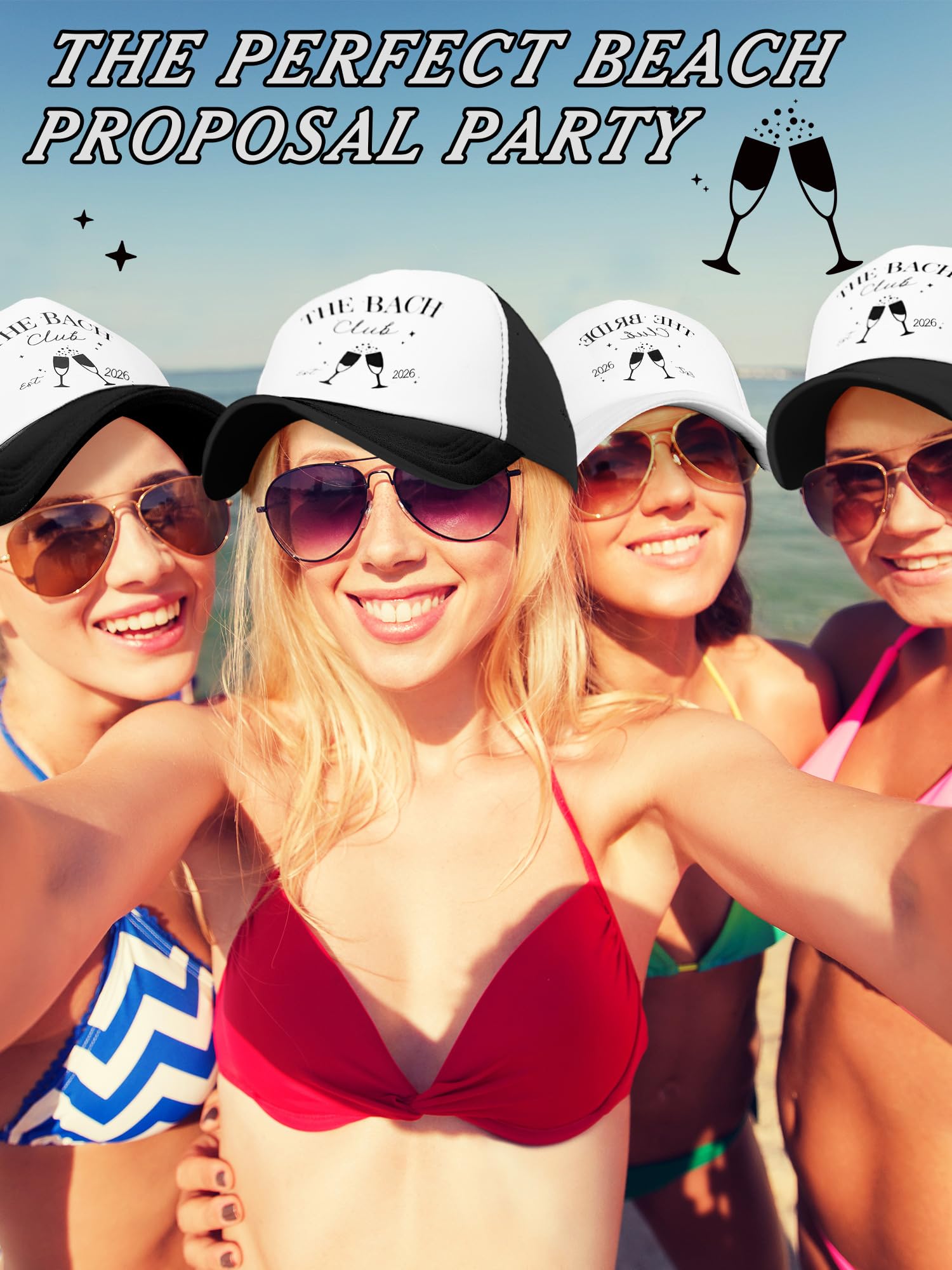 Shyyween El paquete de 8 gorras para despedida de soltero incluye 7 sombreros de camionero del club de Bach, 1 paquete de gorra de novia del club de la novia, propuesta de gorra de playa, despedida de