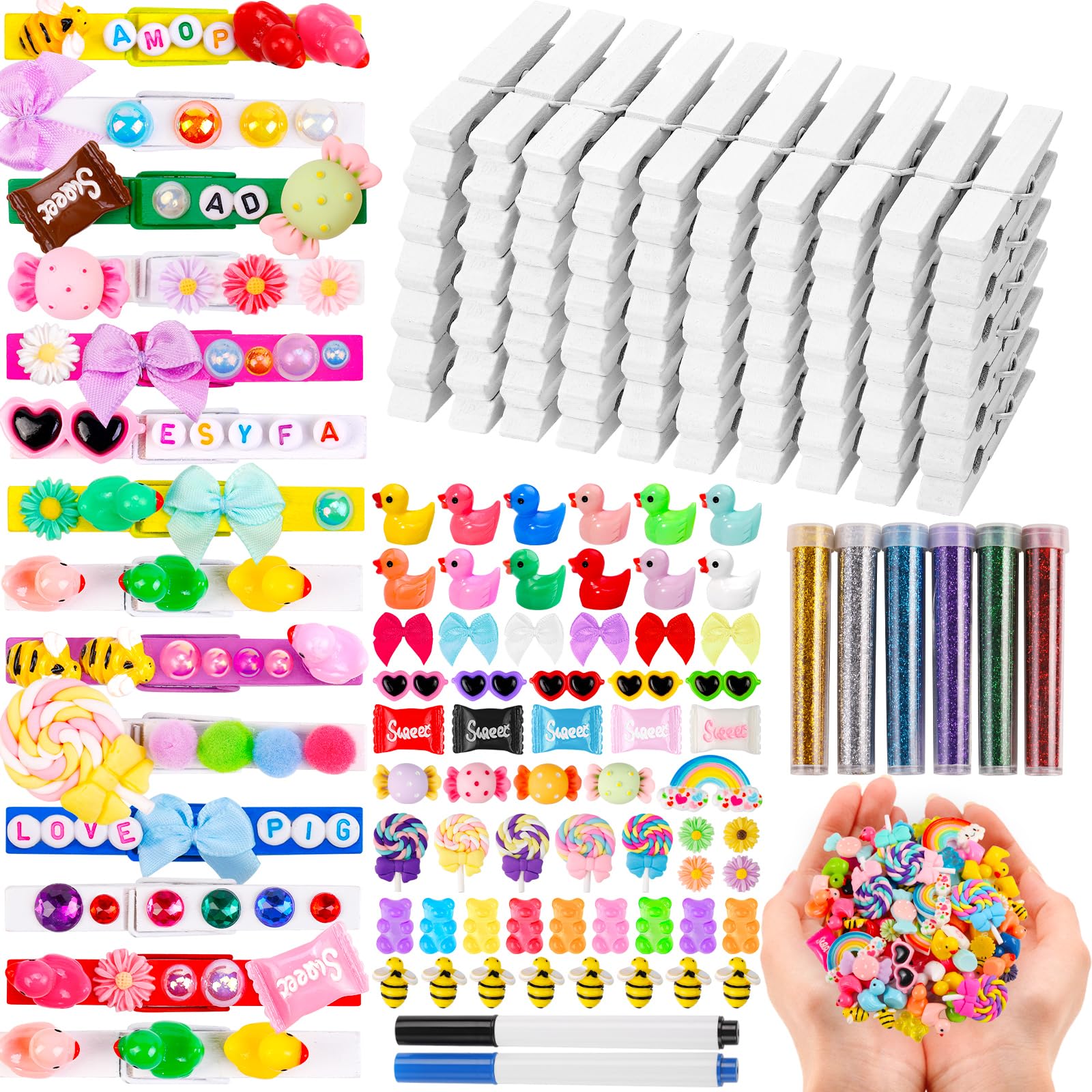 80 Set Cheer Pins Spirit Clips Clothes Wooden Pins for Backpacks Include 90 Mini Resin Animals 30 Mini Bows 500 Beads Cheer Clothespins Decorations Ribbon Team Classroom Cheer Gifts Bulk（White）