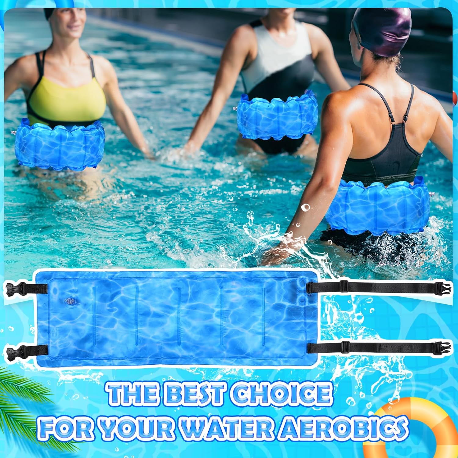 VioraWhite 2 Pcs Inflatable Swim Belt Portable Waist Floatation Aid for Adults Women Adjustable Floating Training with Safety Buckle and Rope Pool Exercise Equipment for Beginners(Water Pool Print)
