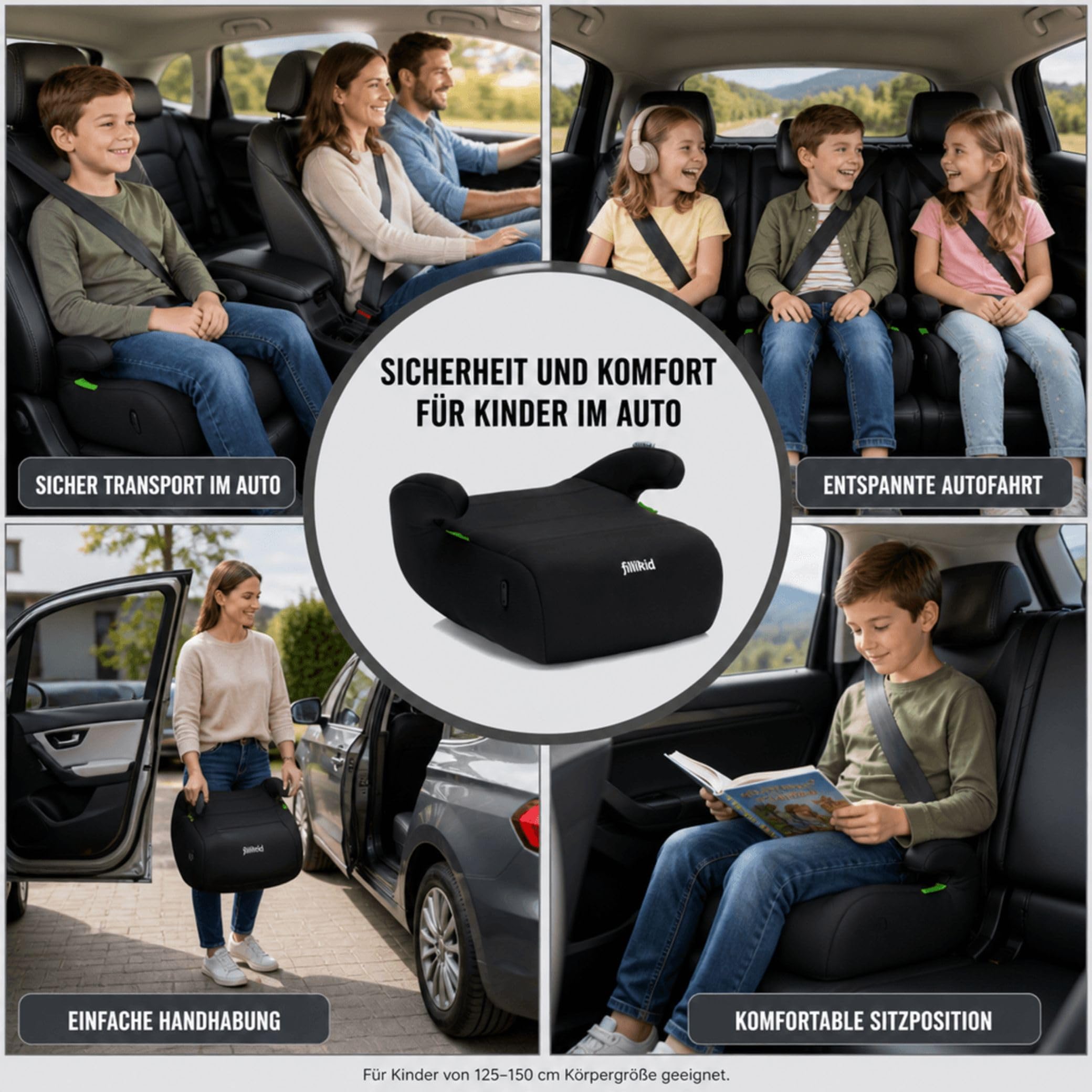 Fillikid Sitzerhöhung ERGO Exklusiv i-Size R129 (125-150 cm) | Ergonomische Kinder Sitzerhöhung mit weicher Polsterung | Kompakt & leicht, 21x40x35 cm | Sicherer Autositz Booster Seat | 125-150 cm, Ergonomisch, Weiche Polsterung, Kompakt & leicht, 21x40x3