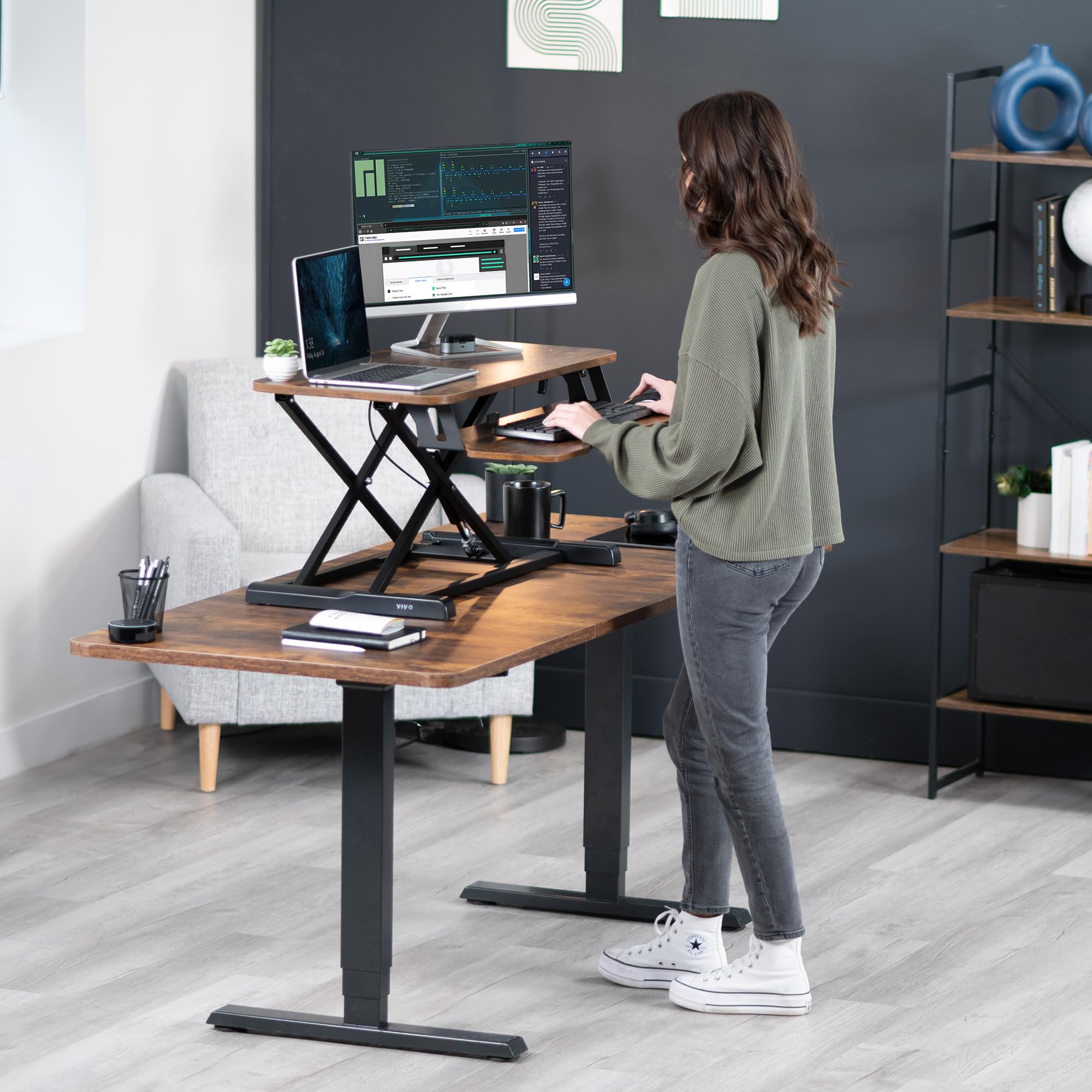 VIVO DESK-V000KN Konwerter biurkowy 81,3 cm, seria K, z regulacją wysokości, stacja robocza z podwójnym monitorem i laptopem z szerokim blatem do klawiatury,
