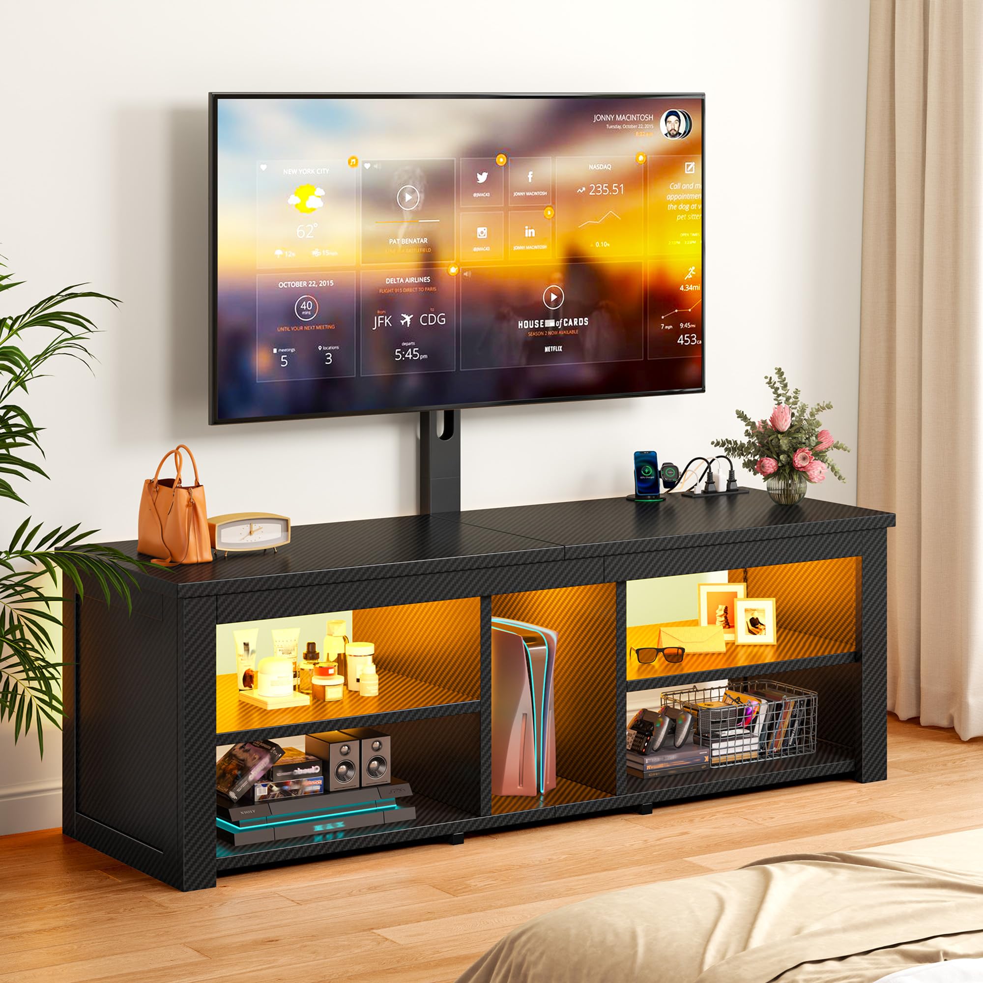 TV Stand with Mount and LED Lights Swivel TV Stand for 70 inch TV Modern Wood Entertainment Center with Power Outlet for Living Room, Gaming Console for Bedroom, Carbon Fiber Black