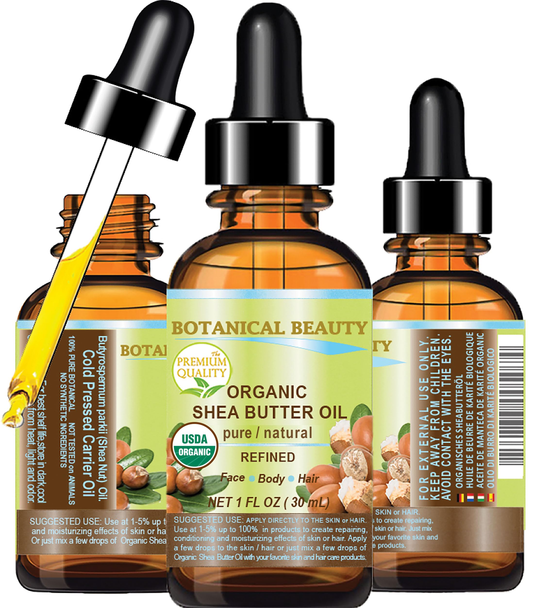 Botanical Beauty Organic SHEA BUTTER OIL 100% Pure Natural Undiluted Refined Cold Pressed Carrier Oil for Face, Skin, Hair, Lip, Nails. African Shea (