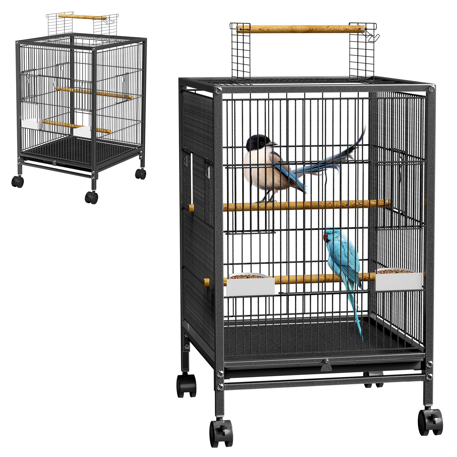 ACXIN Vogelkäfig Metall Vogelvoliere mit Rollen, Wellensittichkäfig mit Holzstangen und Futternäpfen, Tierkäfig Vogelhaus für Papageien, Tauben, Sittiche und Finken (Typ D)