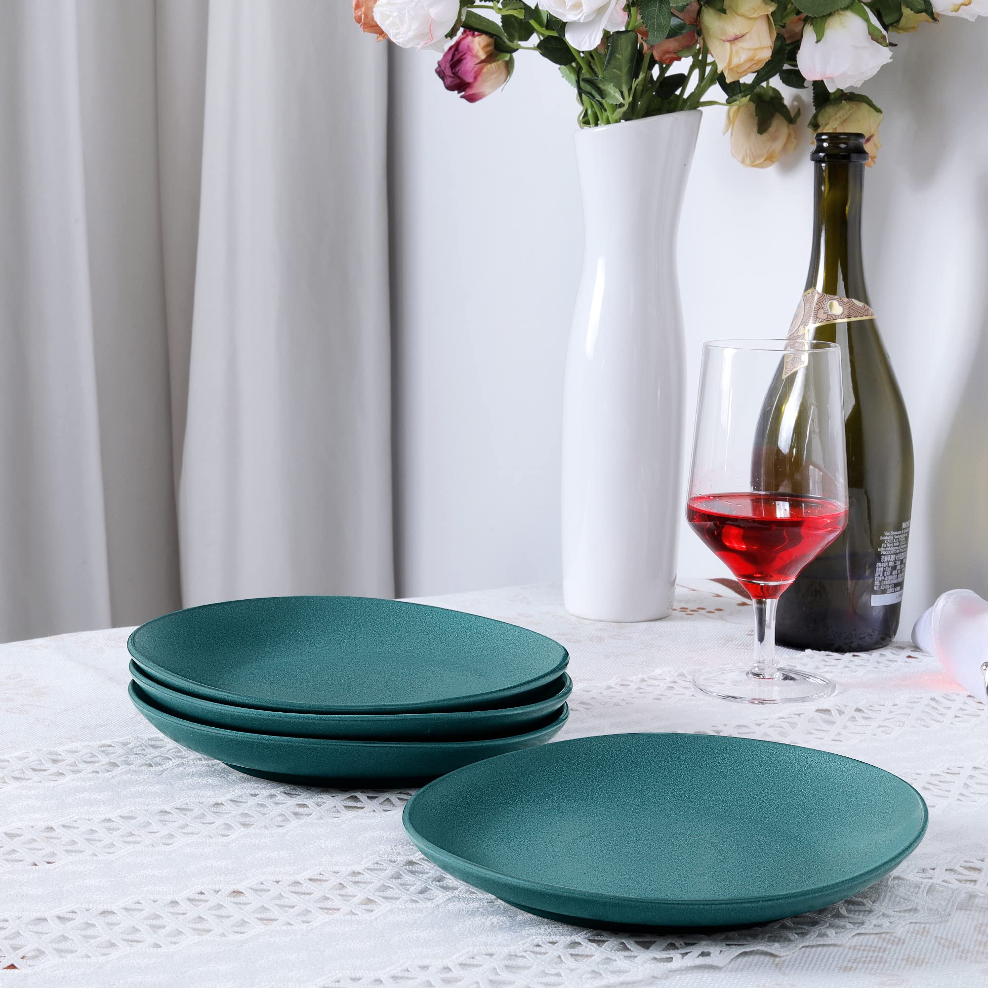 Fanquare Zestaw 4 talerzy deserowych, zielone, matowe, duże porcelanowe talerze do makaronu, nowoczesny zestaw naczyń ceramicznych, talerz sałatkowy, 20 cm