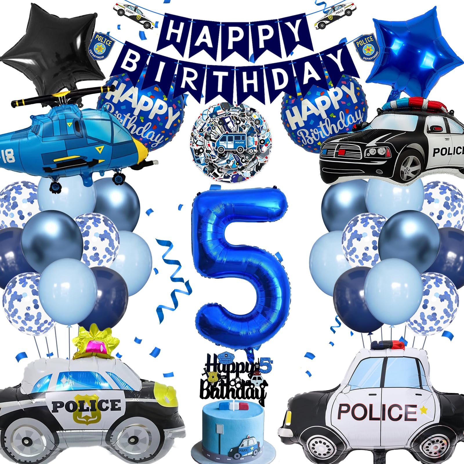 Ballons Police Anniversaire 5 Ans, Ballon Chiffre Bleu 40 Pouces | Ballon chiffre 5 bleu 40 pouces, hélicoptère police, voitures, latex, stickers, bannière Happy Birthday et gâteau