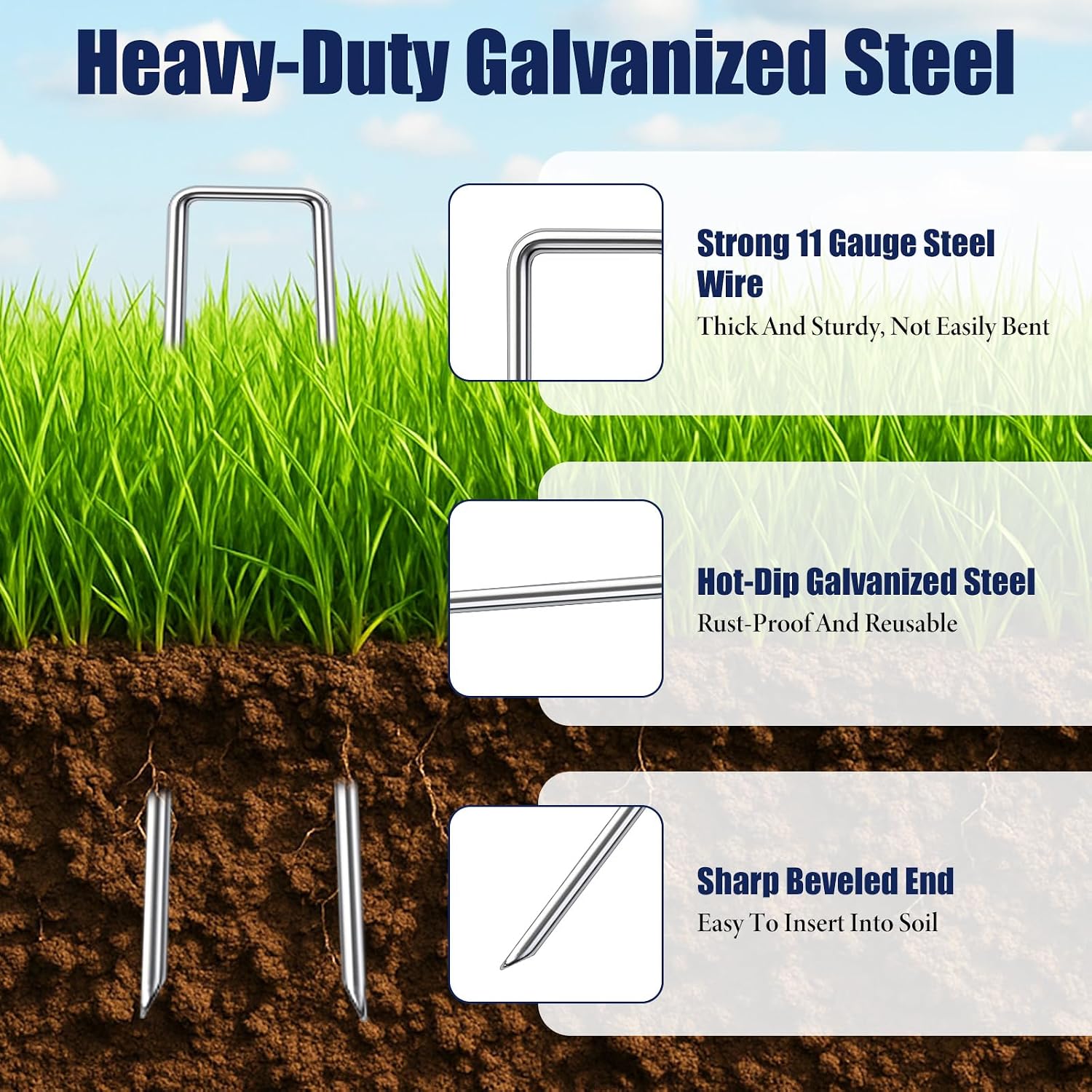 100Pcs Landscape Fabric Stakes + 100Pcs Gaske + 1Pcs Pick Hook+1Pcs Rubber Mallet, Garden Stakes Staples 6 inch, 11 Gauge U Shaped Galvanized Landscape Pins Heavy Duty for Gardening Landscaping