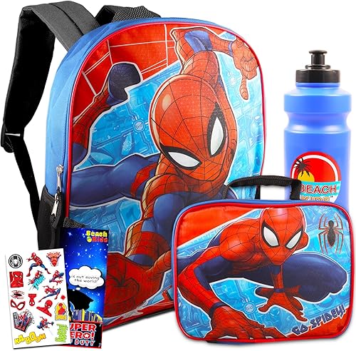Spiderman - Juego de mochila y bolsa de almuerzo, paquete de suministros escolares Marvel con calcomanías, botella de agua y más, Mochila para