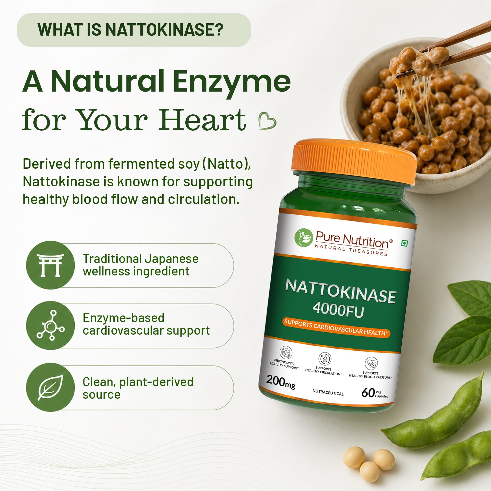 Pure Nutrition Nattokinase 4000 FU 200mg 60 Veg Capsules | Fermented Soy Natto Extract Enzyme | Cardiovascular & Circulation Support Supplement | High Potency Fibrinolytic Formula 1