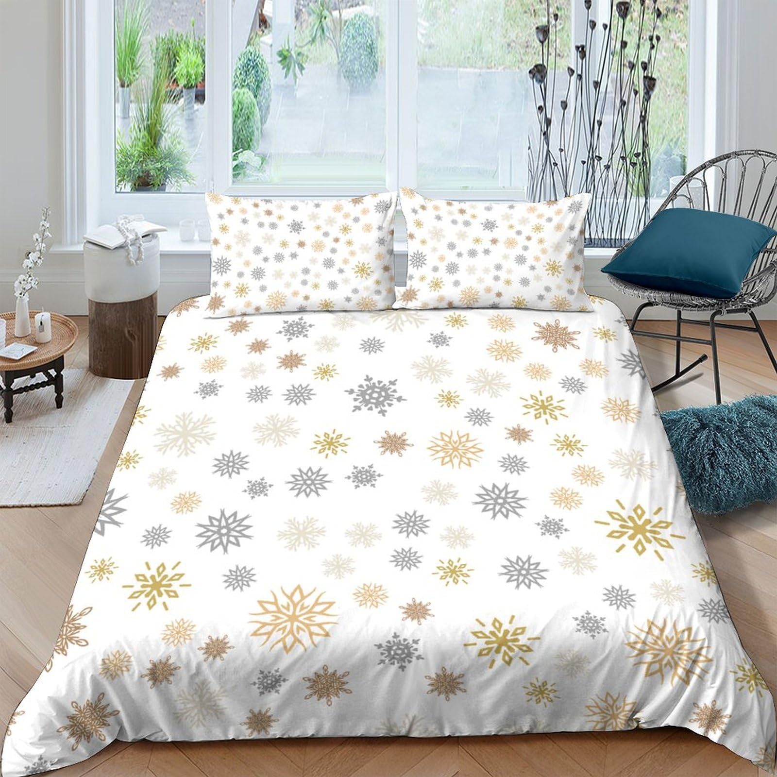 Ctjqhvkz Style-3 3D Printed Golden Snowflake Fitted Sheet Microfiber Soft Silver Star Mattress Cover For Bedroom Guest Room Decor Single（135X200cm）