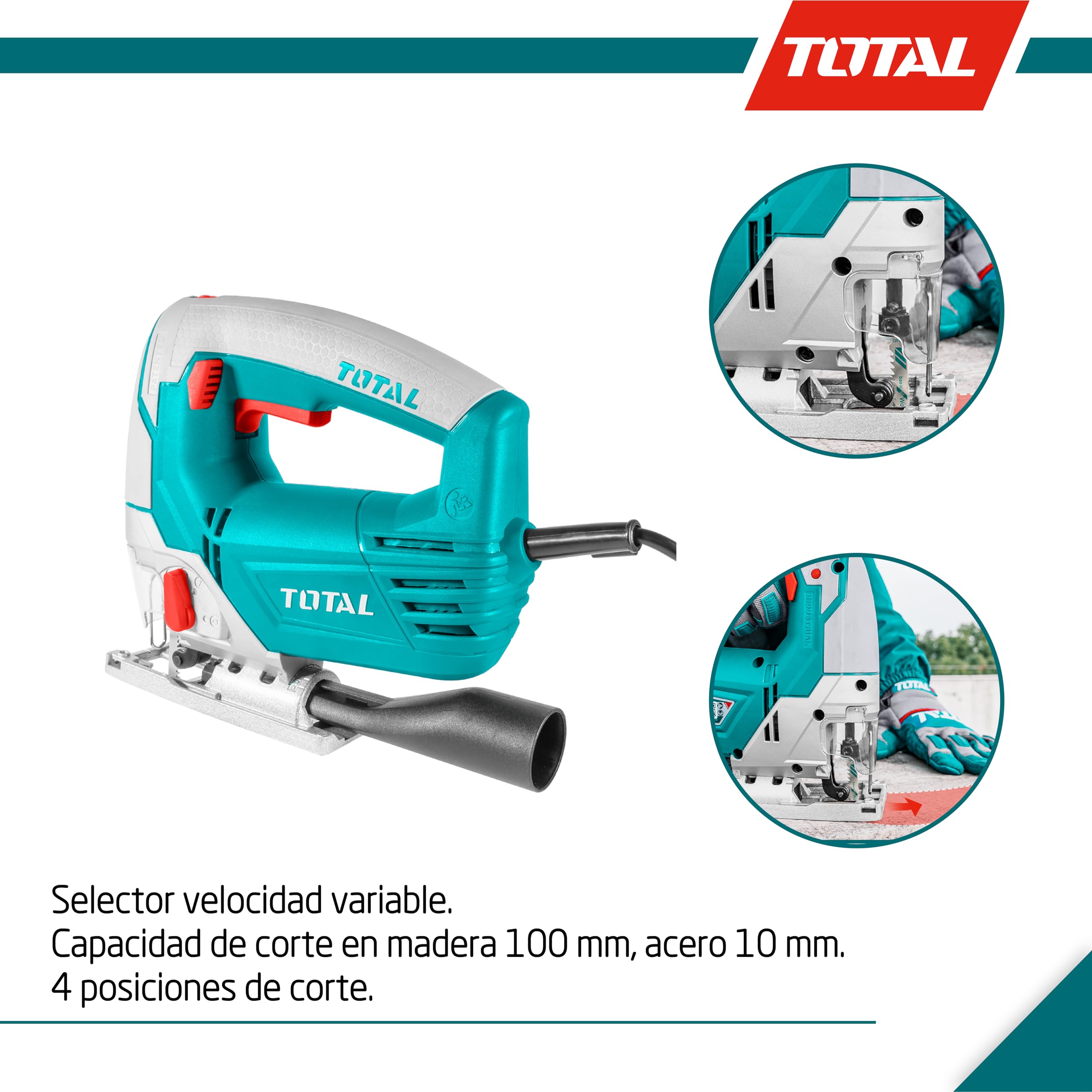 TOTAL - Sierra Caladora de Cable con Potencia de 800 W - Herramienta para Cortar Metal y Madera - Velocidad Variable 3000 rpm - 4 Posiciones de Corte - Incluye 5 Hojas de Sierra