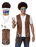 5 Pcs Halloween Men Hippie Vest Costume Set with Wig for Adult Halloween Costume Cosplay Party
