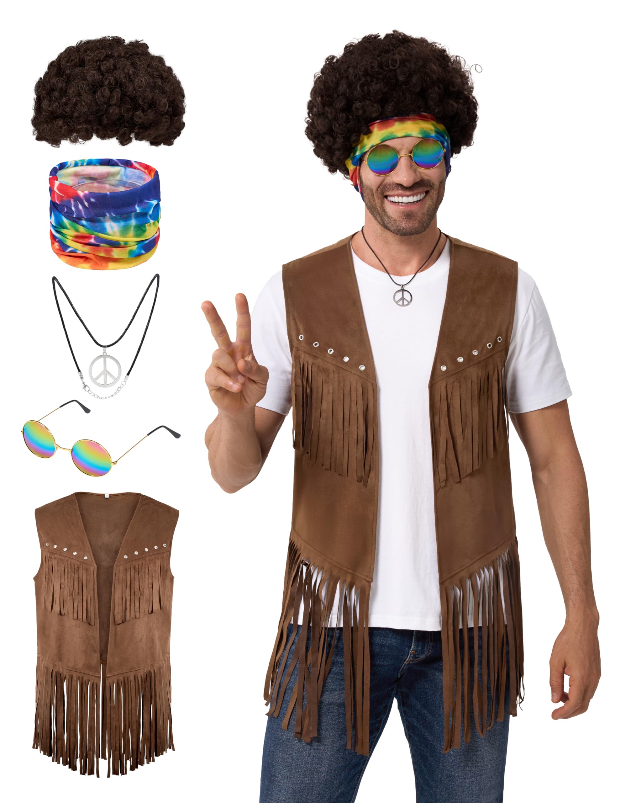 Spooktacular Creations 5 Pcs Halloween Men Hippie Vest Costume Set with Wig for Adult Halloween Costume Cosplay Party