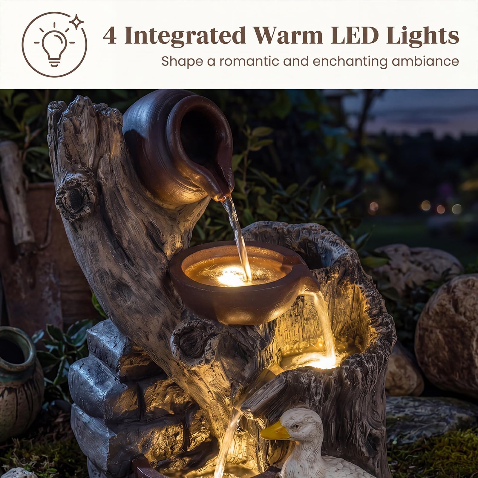 HOMASIS Gartenbrunnen, 57 cm Terrassenbrunnen mit LED-Beleuchtung | Springbrunnen wetterfest aus Kunstharz mit Pumpe, Wasserbrunnen mit Teekannen, Steinoptik & Enten für Garten & Terrasse