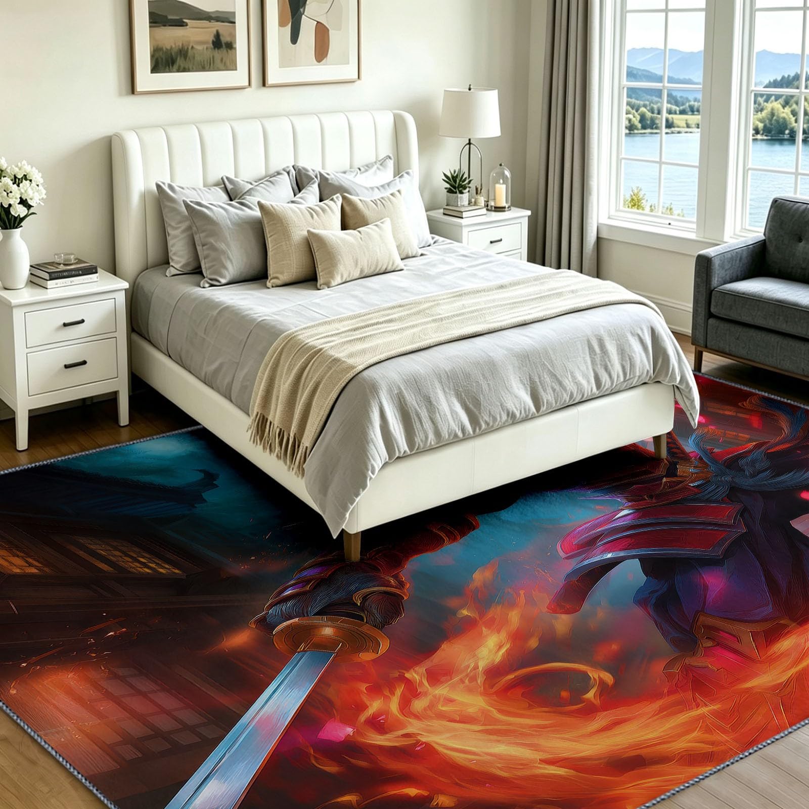 Tapis Salon Japonais Gaming 140 x 200 cm Samouraï Flamme Katana Lavable en Machine Rug | AntidéRapant Poil Ras, pour Salle de Bains, Chambre, Salle à Manger et Cuisine, Multicolore