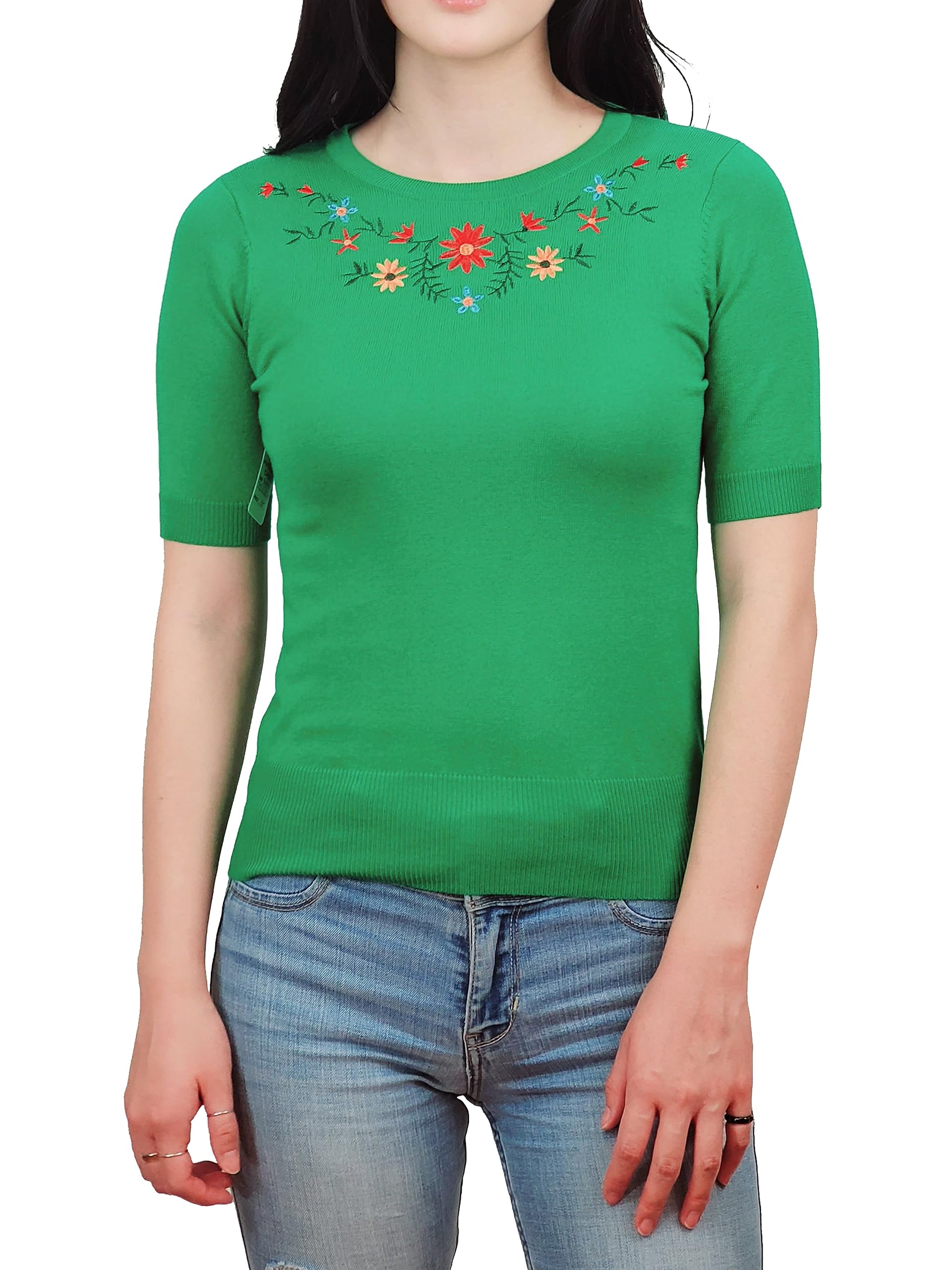 YEMAK Womens Knit Sweater Top Half Sleeve Crewneck Basic Casual Classic Fit Lightweight Knitted Soft Pullover Tee