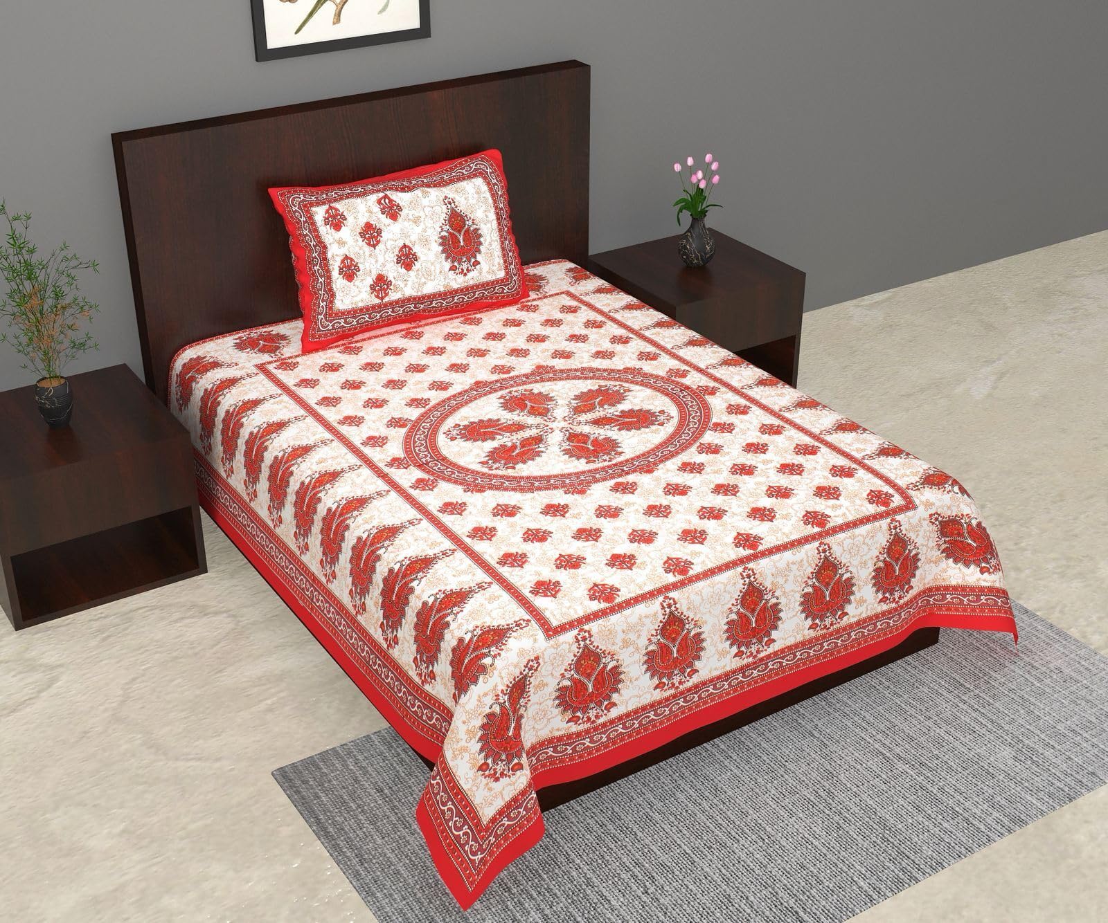 Cotton Flat Jaipuri Print Bed Sheet with Pillow Case | Comfortable Cotton Bedding | Soft Fabric Bed Linen Set for Regular Use - Color Red (1 Bedsheet & 1 Pillow Cover for Single Bed)-image-1