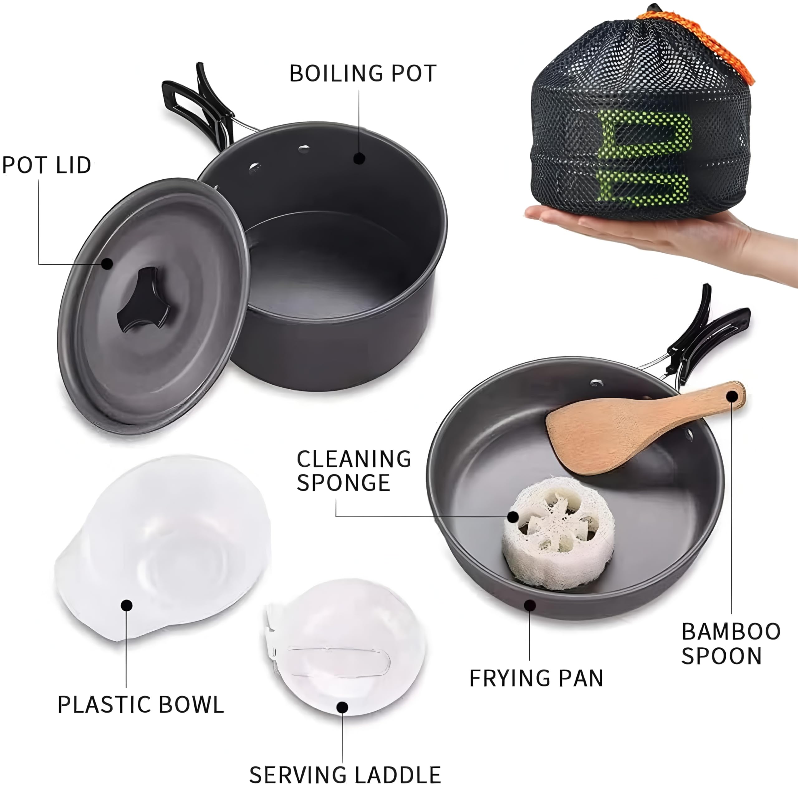 Kit Cuisine Camping 12 Pièces Aluminium – Batterie Légère Pour 1-2 Personnes, Vert (aiGear)
