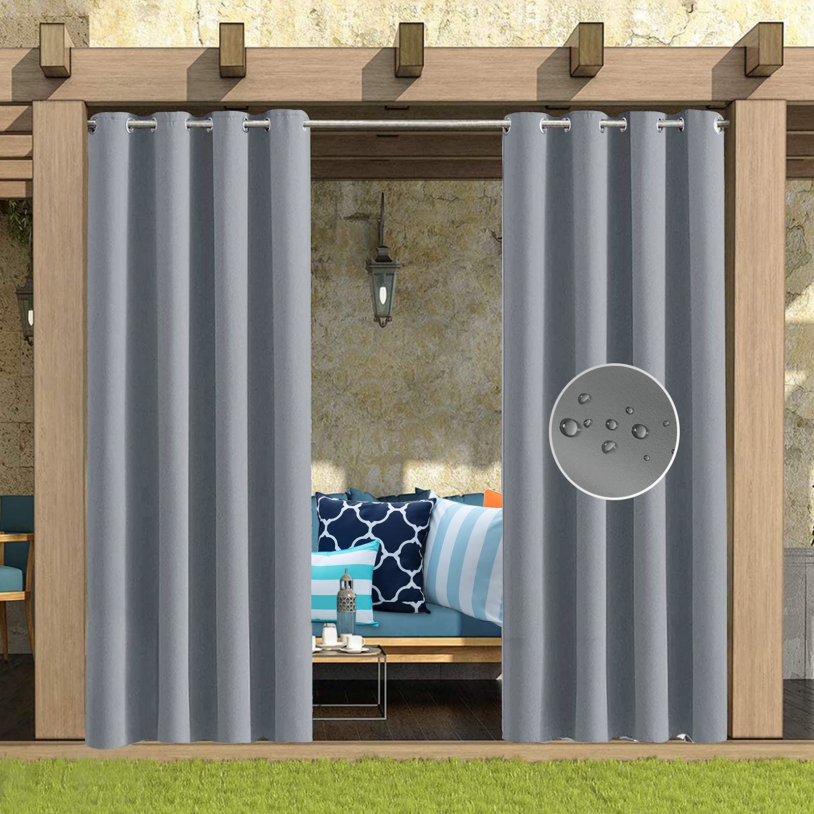 Bonlino Waterproof Outdoor Curtains for Patio, 2 Panels Sunlight Block Grommet Thermal Insulated Blackout Curtains, Privacy Protected Curtains for Outside Porch Pergola Cabana (Gray, 52x84 inches)