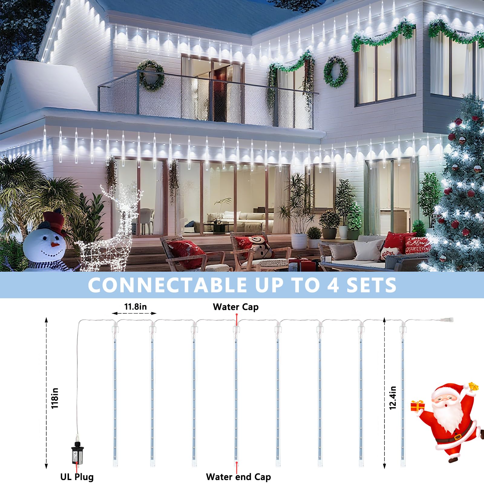 YIQU Weihnachts-Meteorschauerlichter, 2 Stück, 8 Röhren, Meteor-Lichter, LED, fallende Lichter, geeignet für Weihnachten, Urlaub, Party, Zuhause, Terrasse, Outdoor-Dekoration (kaltweiß)