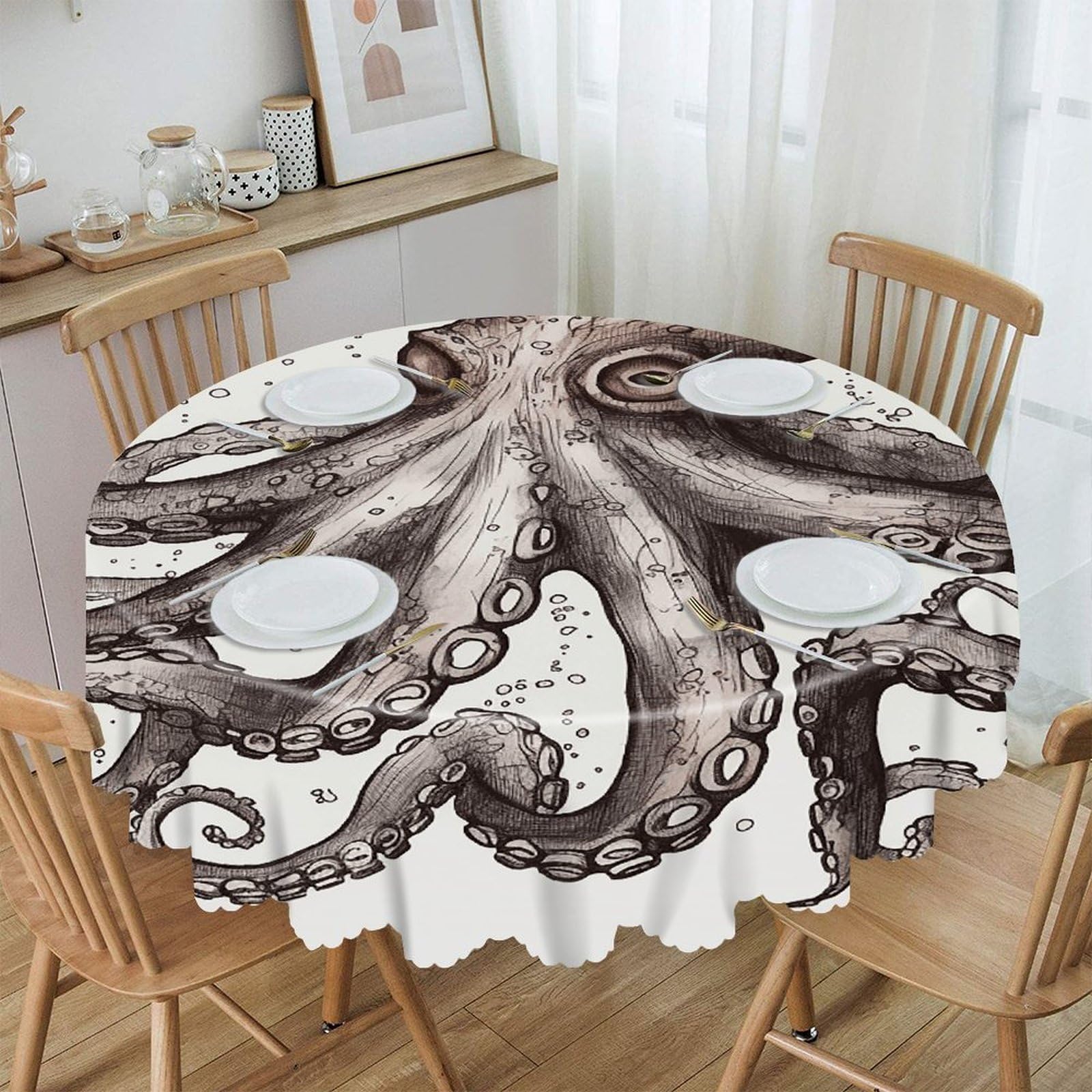 VstaDank Octopus Round Tablecloth Premium Polyester Table Cloth Heavy Duty Washable Fabric Tablecloth Waterproof Holiday Table Cover Decorative Tablecloths for Dining 60"