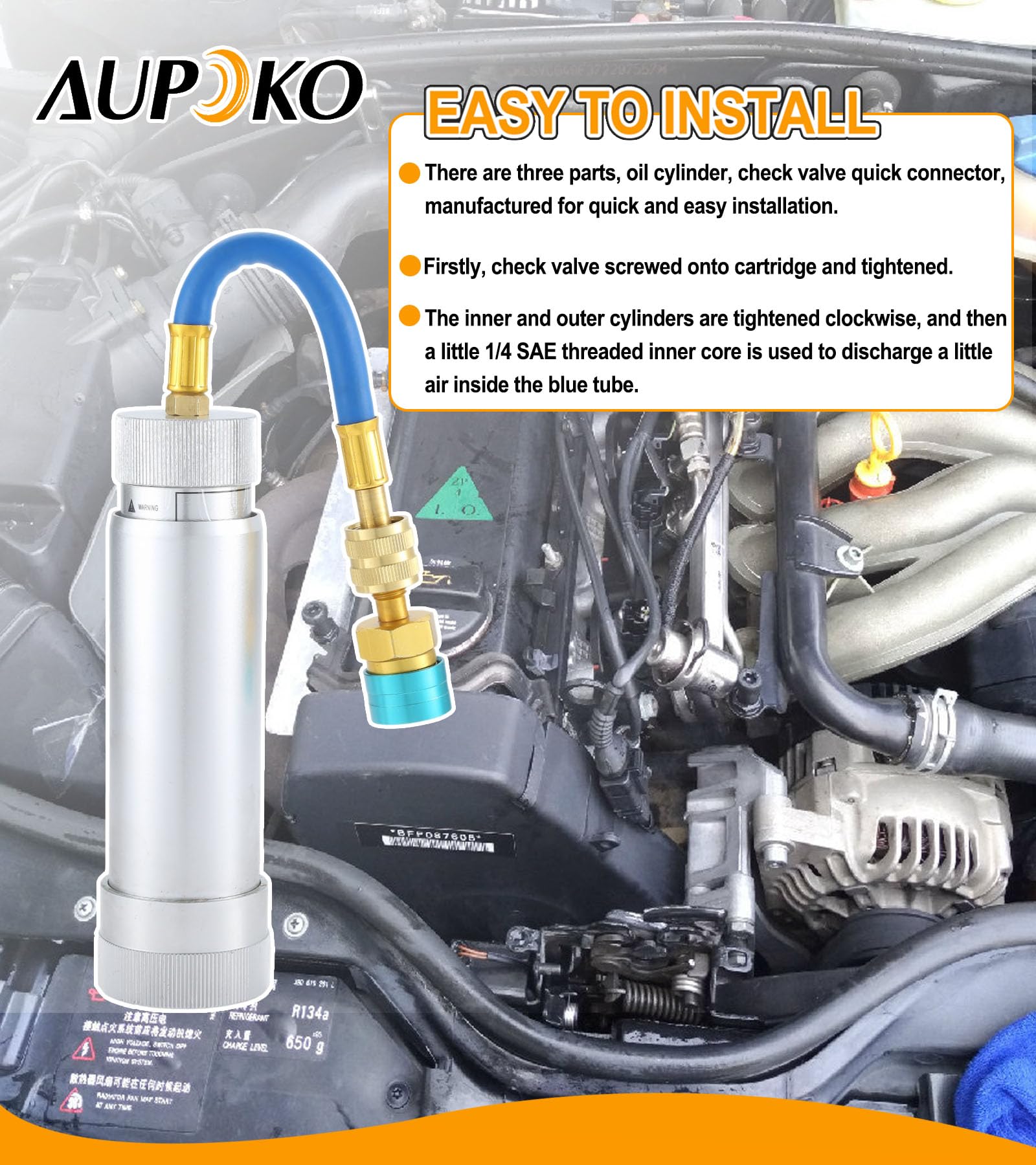 Aupoko Kit iniettore olio AC, iniettore olio R134A con attacco rapido lato basso R1234YF, iniettore di olio per tintura HVAC con connettore SAE da 1/4", per sistema refrigerante R134A R22 R12 R1234YF