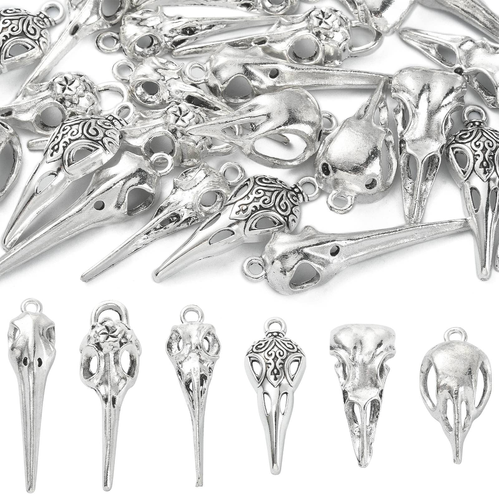 Stiesy 30Pcs 6 Styles Antique Silver Bird Skull Charms Gothic Bird Head Pendant Charms Tibetan Crow Skull Charm for DIY Bracelet Jewellery Making Crafts
