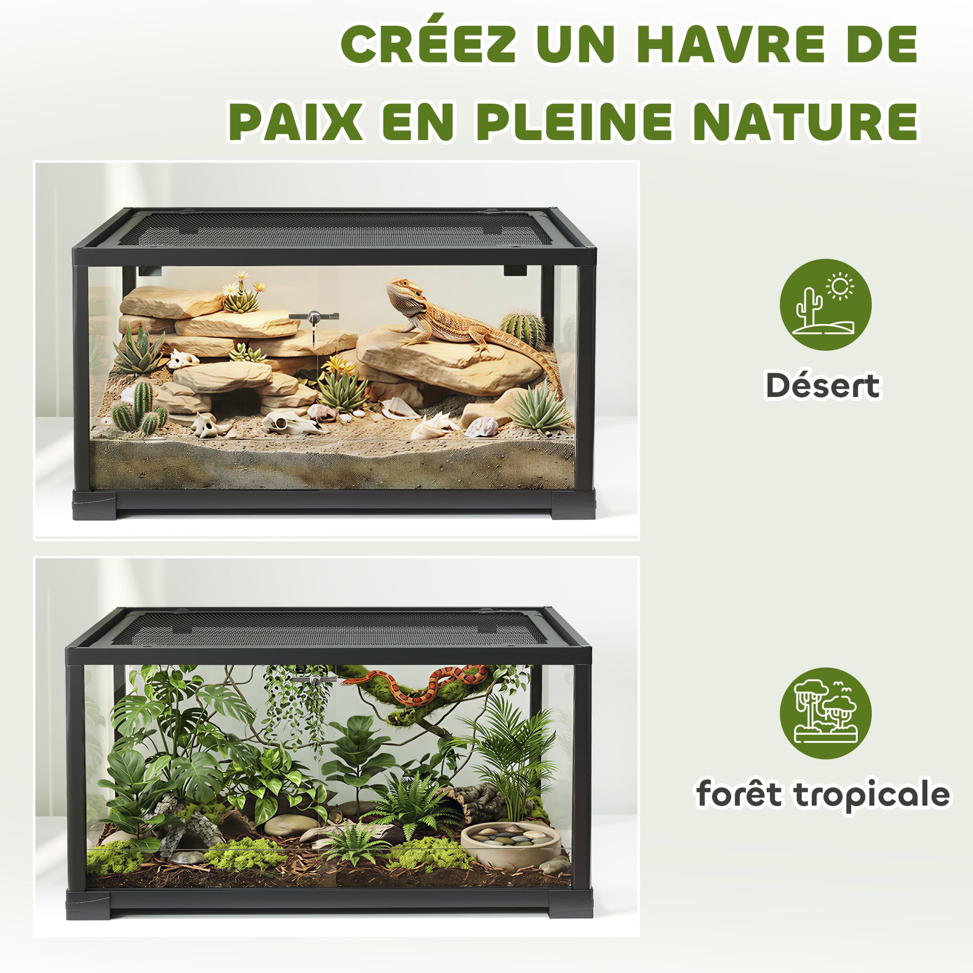 PawHut Terrarium en Verre pour Reptiles 86 L, Ventilation supérieure, Porte coulissante avec Serrure Anti-Fuite, enclos pour lézards, Insectes, Serpents, araignées et Geckos, 60x45x32cm, Noir