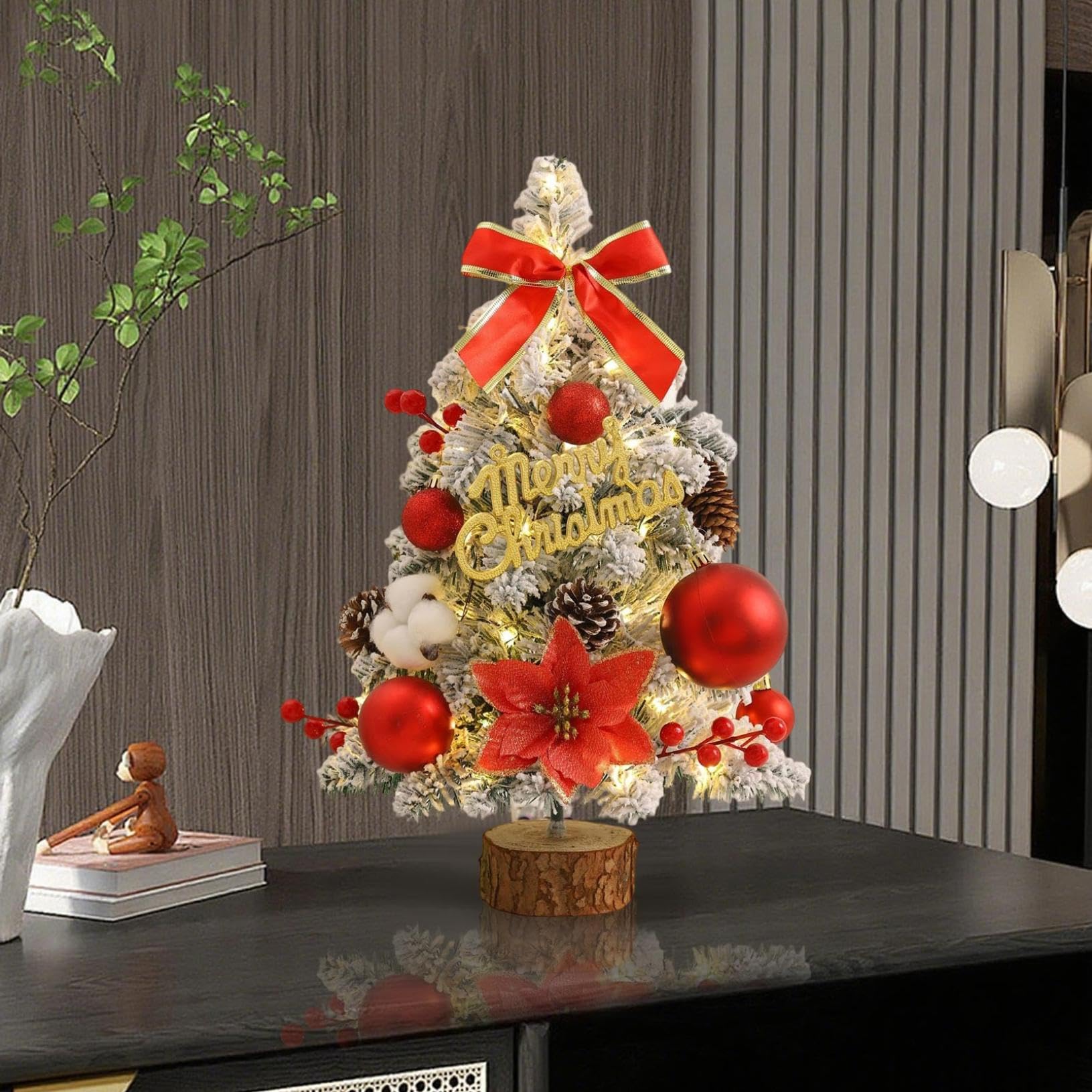Mini sapin de Noël floqué avec lumières, petit sapin de Noël de table de 45 cm avec ornements, arbre de Noël de table fait main pour décoration de sapin de Noël (rouge)