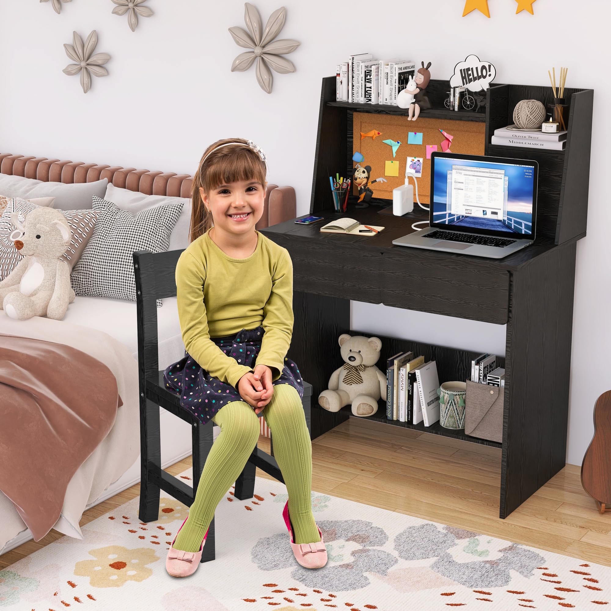 RUPOLX WHITE Kids Desk and Chair Set for 5-12 Year Old, Childrens Computer Desk with Charging Station, Kids Study Table with Drawers and Storage Shelf (Actual color is white)