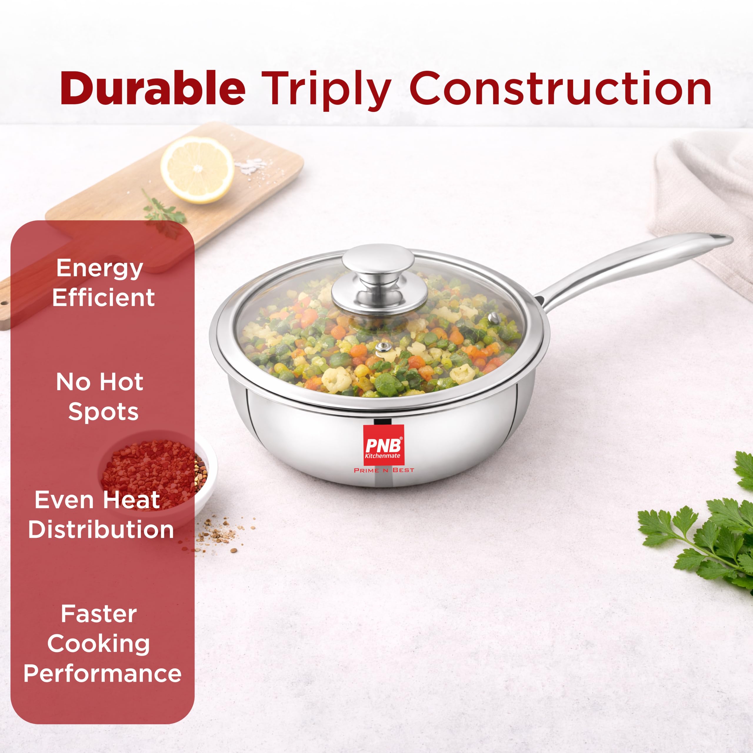 PNB Triply Stainless Steel Frypan with Tempered Glass Lid | 23 cm 2.5 Litre | 3-Ply Induction Gas Compatible | PFOA Free Healthy Cookware | 5 Year Warranty | Family Frying Pan for 3-4 Persons — Amazon image 7