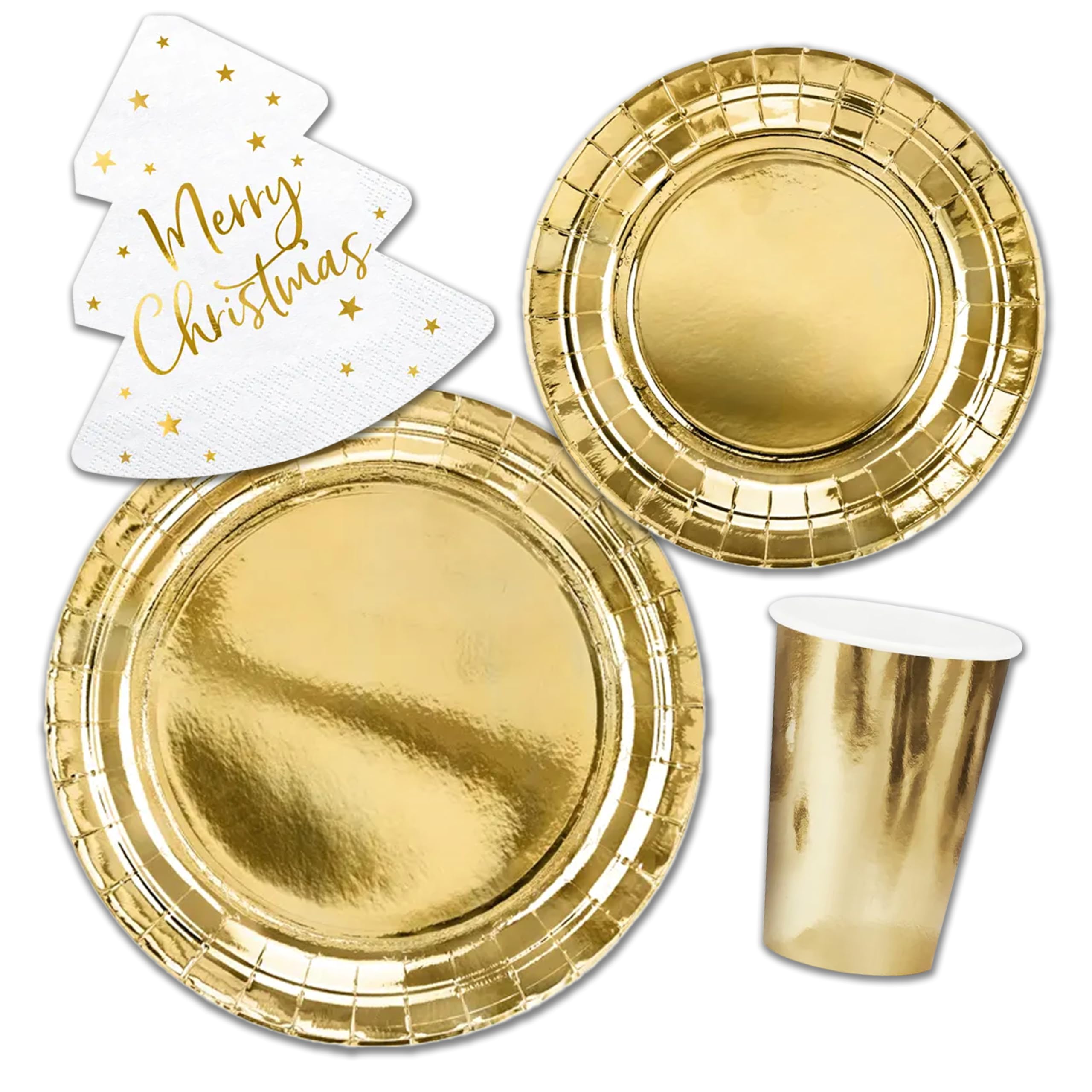 Decoraparty Juego de vajilla de Navidad dorado, adornos de mesa dorados desechables para 6 personas, para fiestas navideñas navideñas, 6 platos grandes, 6 platos pequeños, 20 servilletas, 6 vasos