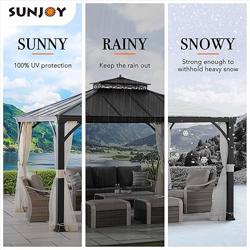 Miniatura 9 de Sunjoy Gazebo negro de 2 niveles para patio al aire libre, 11 x 13 pulgadas, con gancho de techo de metal y red