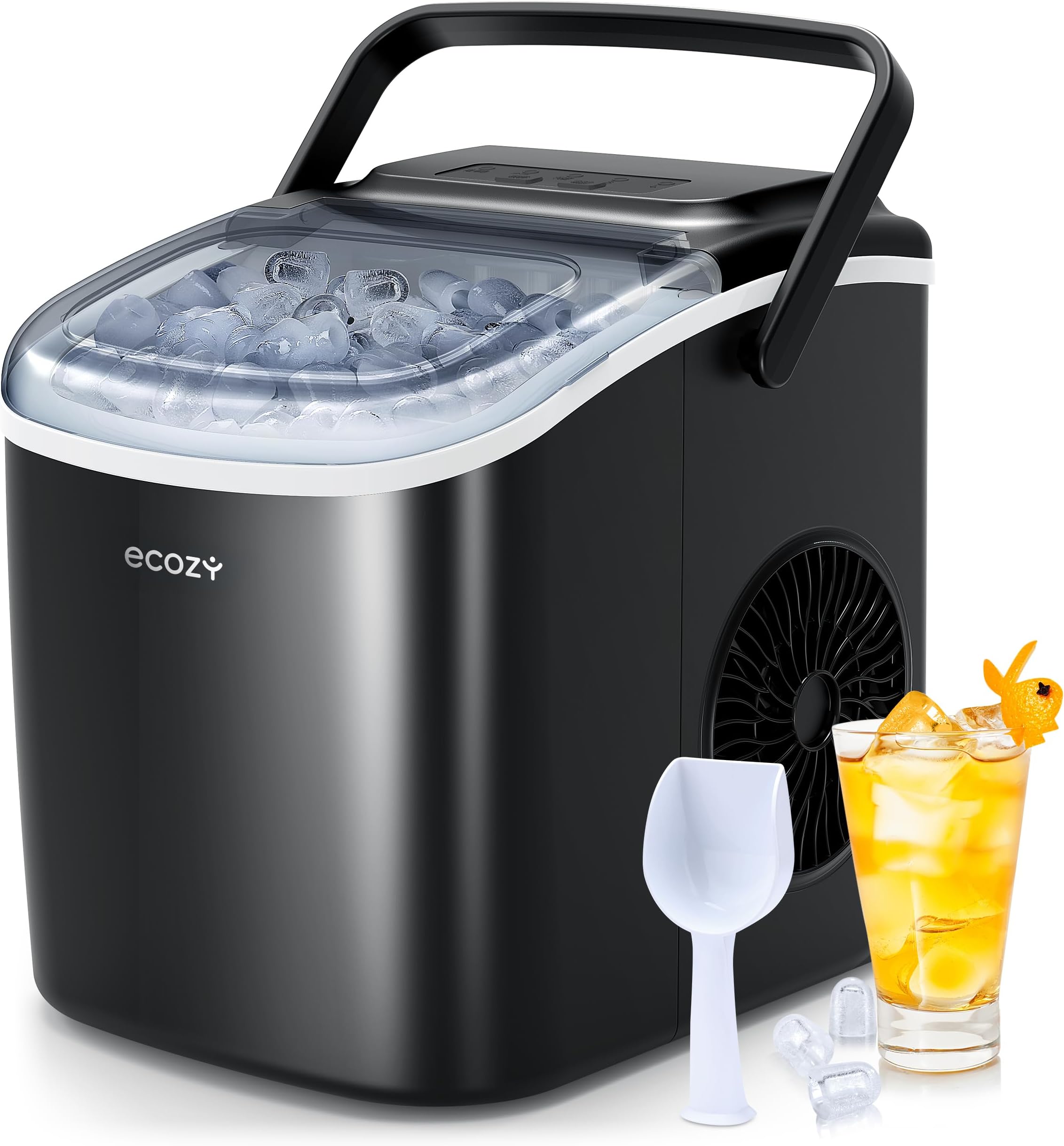 ecozy Portable Countertop Ice Maker - 9 Ice Cubes in 6 Minutes, 12kg Daily Output, Self-Cleaning with Ice Bags, Scoop, and Basket for Kitchen, Office, Bar, Party - Black