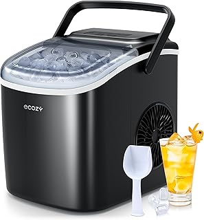 ecozy Portable Countertop Ice Maker - 9 Ice Cubes in 6 Minutes, 12kg Daily Output, Self-Cleaning with Ice Bags, Scoop, and Basket for Kitchen, Office, Bar, Party - Black