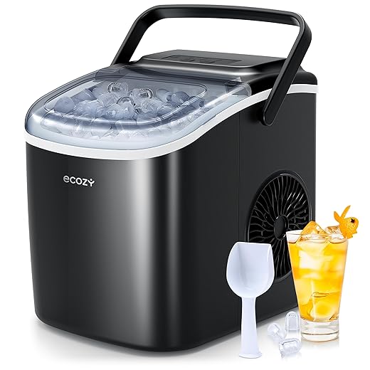 ecozy Portable Countertop Ice Maker - 9 Ice Cubes in 6 Minutes, 26 lbs Daily Output, Self-Cleaning with Ice Bags, Scoop, and Basket for Kitchen, Office, Bar, Party - Black