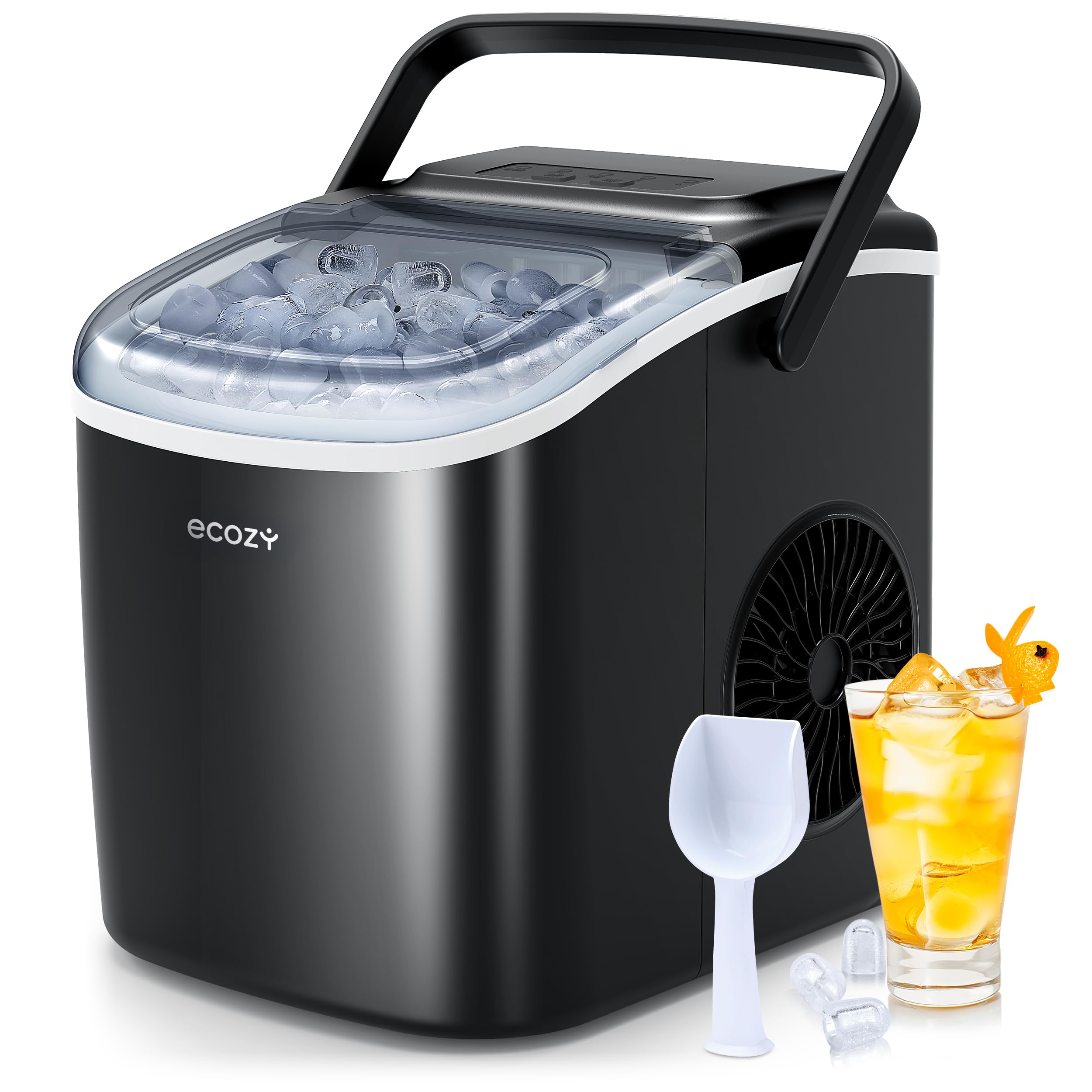 ecozy Portable Countertop Ice Maker - 9 Ice Cubes in 6 Minutes, 12kg Daily Output, Self-Cleaning with Ice Bags, Scoop, and Basket for Kitchen, Office, Bar, Party - Black