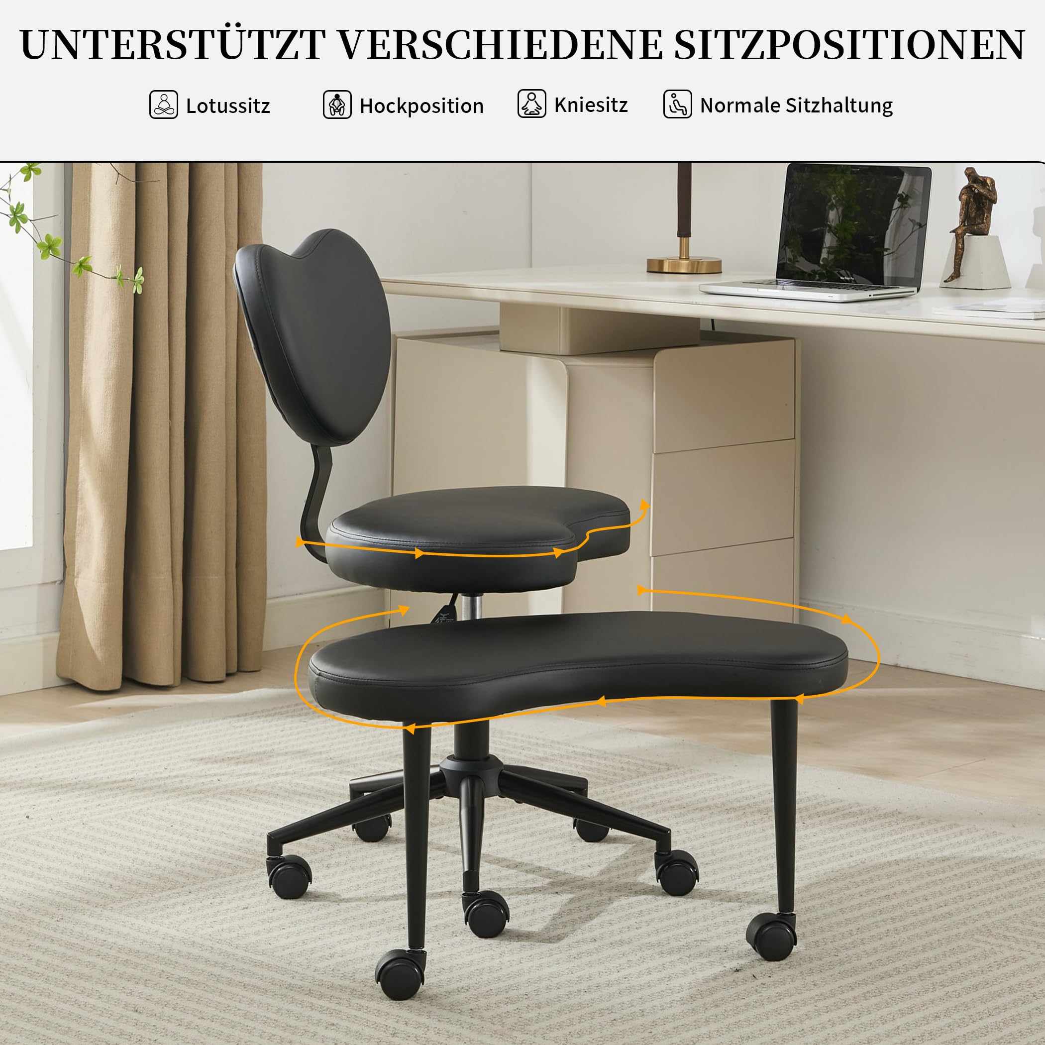 Sedia da meditazione al ginocchio, ergonomica, regolabile in altezza, con seduta girevole, in pelle PU, seduta curva, ideale per loto, sedile al ginocchio o posizione accovacciata (nero)