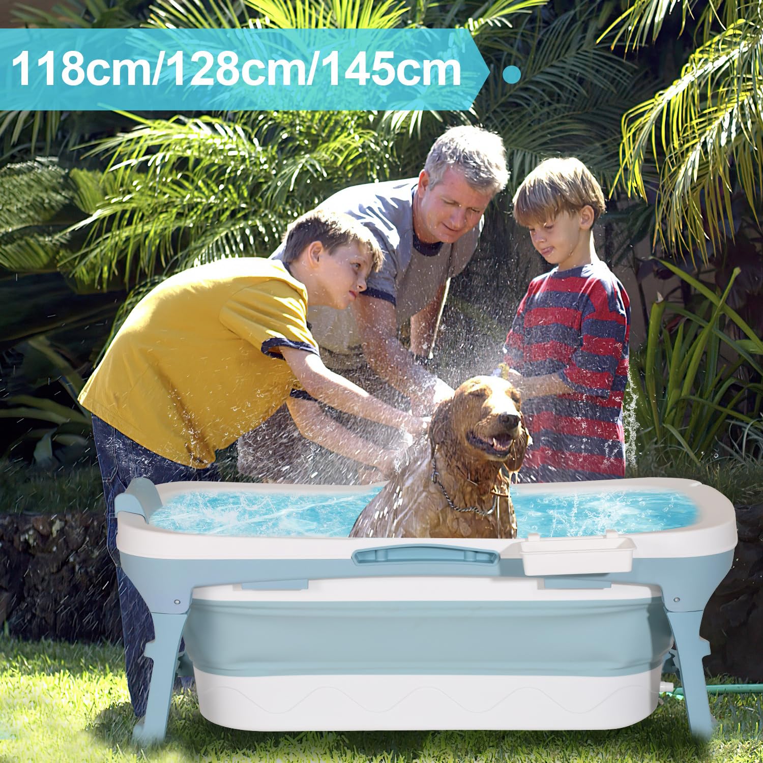 Baignoire pliable pour adulte, Baignoire mobile pliante 149×60×50 cm, Portable et peu encombrante, avec couvercle et tuyau de vidange, pour salle de bain, douche et extérieur, Bleu