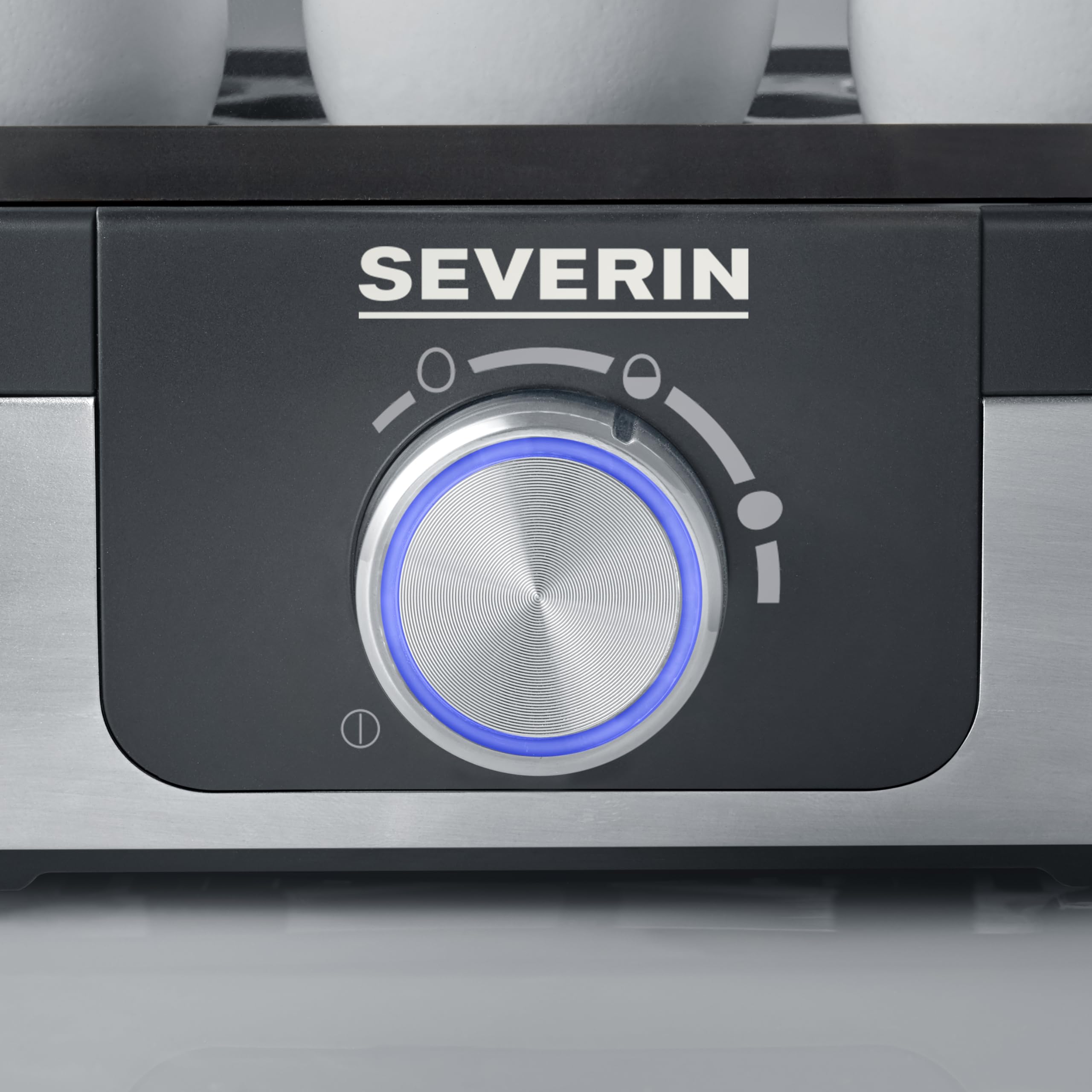 SEVERIN Cuiseur à œufs 270 W, Appareil de cuisson pour 1 à 3 œufs, Doseur d'Eau et Perce-Œufs Inclus, Cuit-œufs avec contrôle électronique du temps de cuisson, Inox, EK 3163