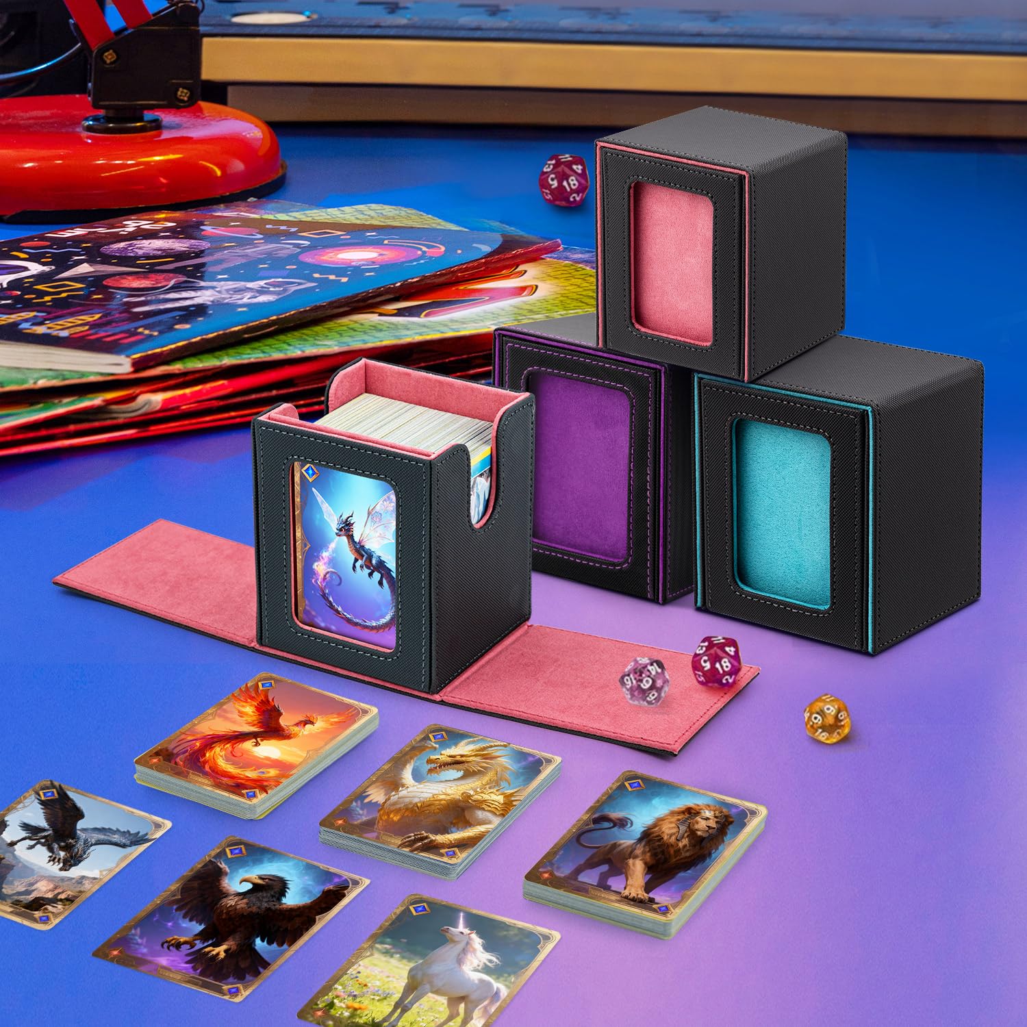 Wigearss Boîte De Rangement Magnétique Pour Cartes MTG – Cuir PU Premium, Capacité 100+ Cartes, Fenêtre D’Affichage (Pêche Rouge)