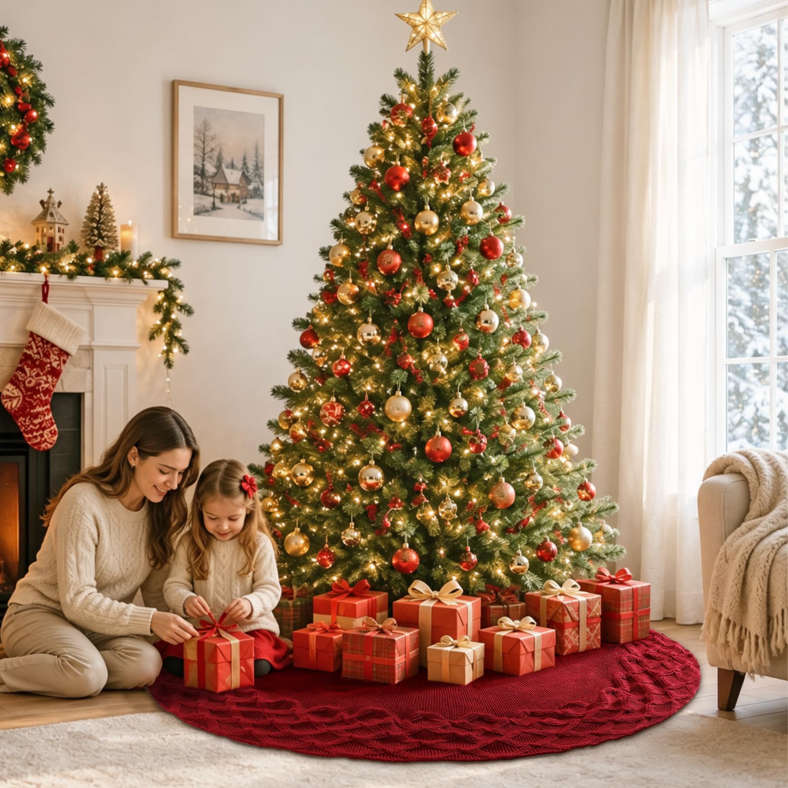 Gonne Rotonda per Alberi di Natale 120 cm Grande Tappeto per Albero di Natale Lavorata a Maglia Motivo a Quadri Copri Base Christmas tree per Casa Vacanze Feste Decorazione, Rosso