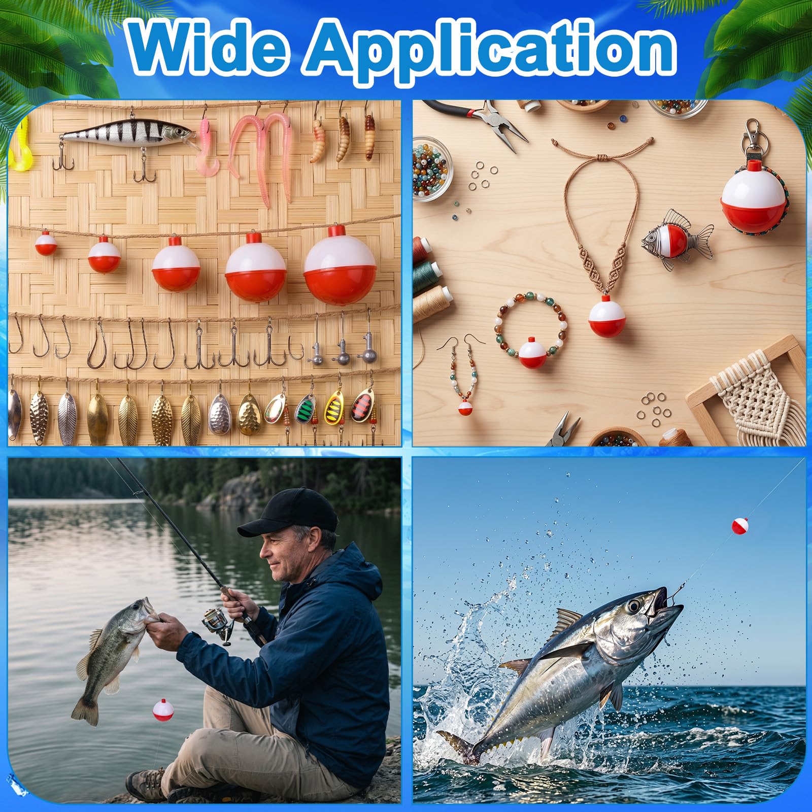 Coopay - Juego de 15 flotadores de Pesca (50 Unidades, plástico ABS, Cierre a presión), Color Rojo y Blanco, 0.5+1+1.25+1.5+2=30pcs