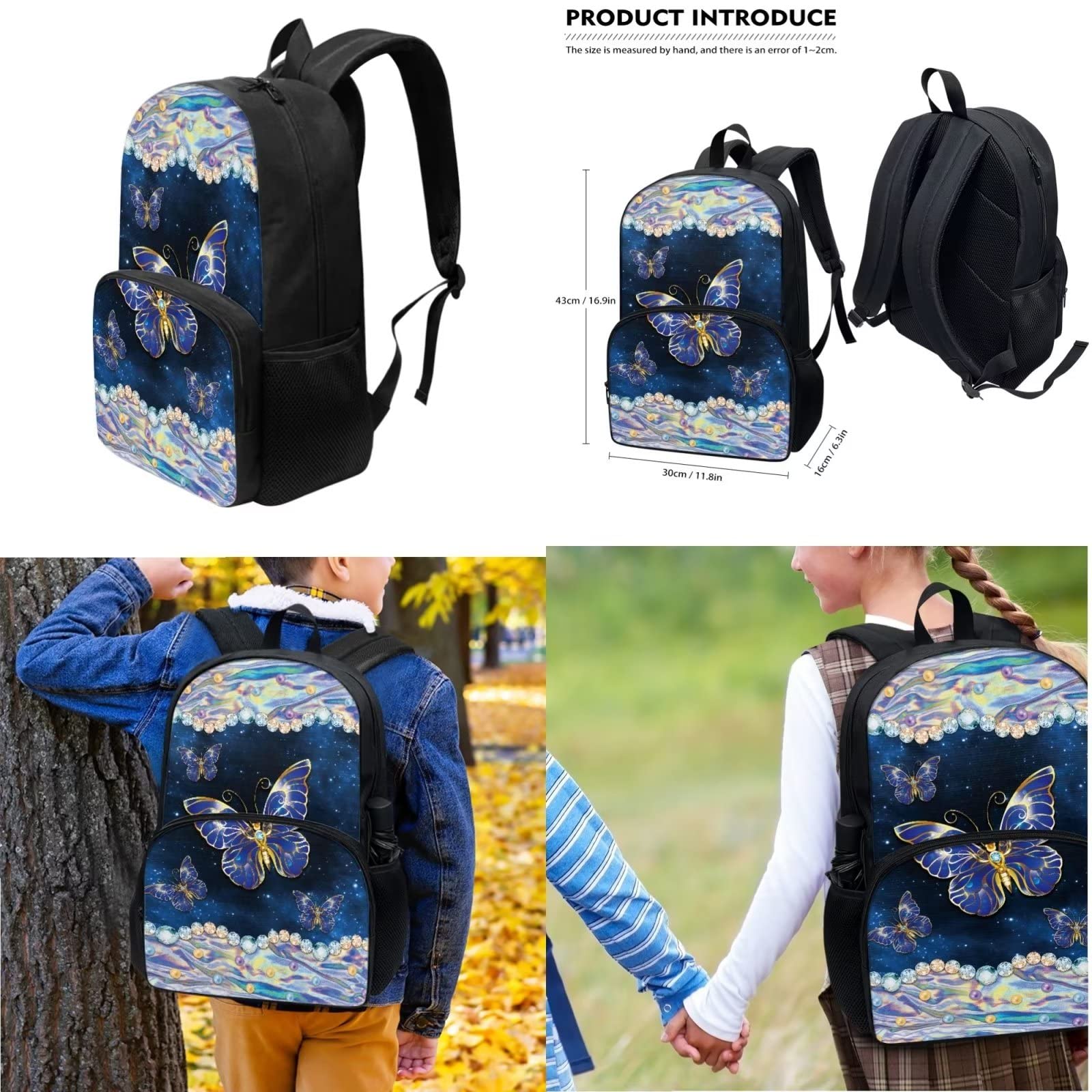 POLERO Mochila escolar de caballos para niños, juego de bolsas de almuerzo, estuche para lápices, 3 piezas, bolsas escolares, Mariposa brillante, Talla única, Mochila infantil