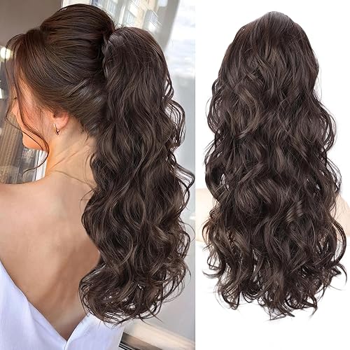 AISI BEAUTY Extensión de cola de caballo ondulada larga de 22 pulgadas, color marrón oscuro, con cordón, para mujer, cola de caballo sintética de