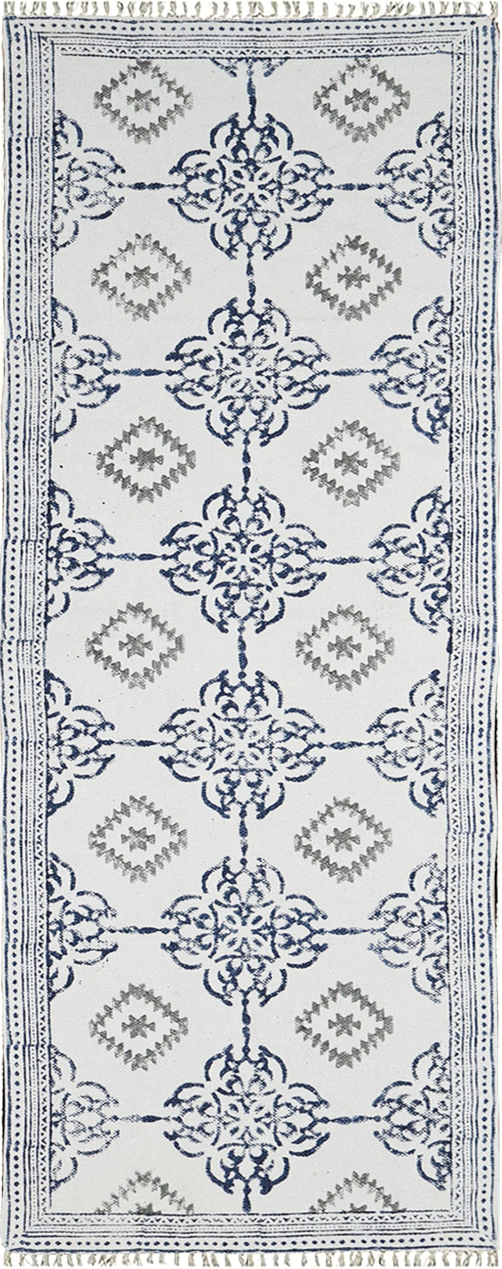 Baumwoll-Läuferteppich, 7,6 x 4,7 m, marineblau und grau, Baumwollteppich für enge Räume, Flur, Küche, Eingangsbereich, Innenbereich, gewebter Eingang, geometrisches Design, handgefertigt, Dhurries