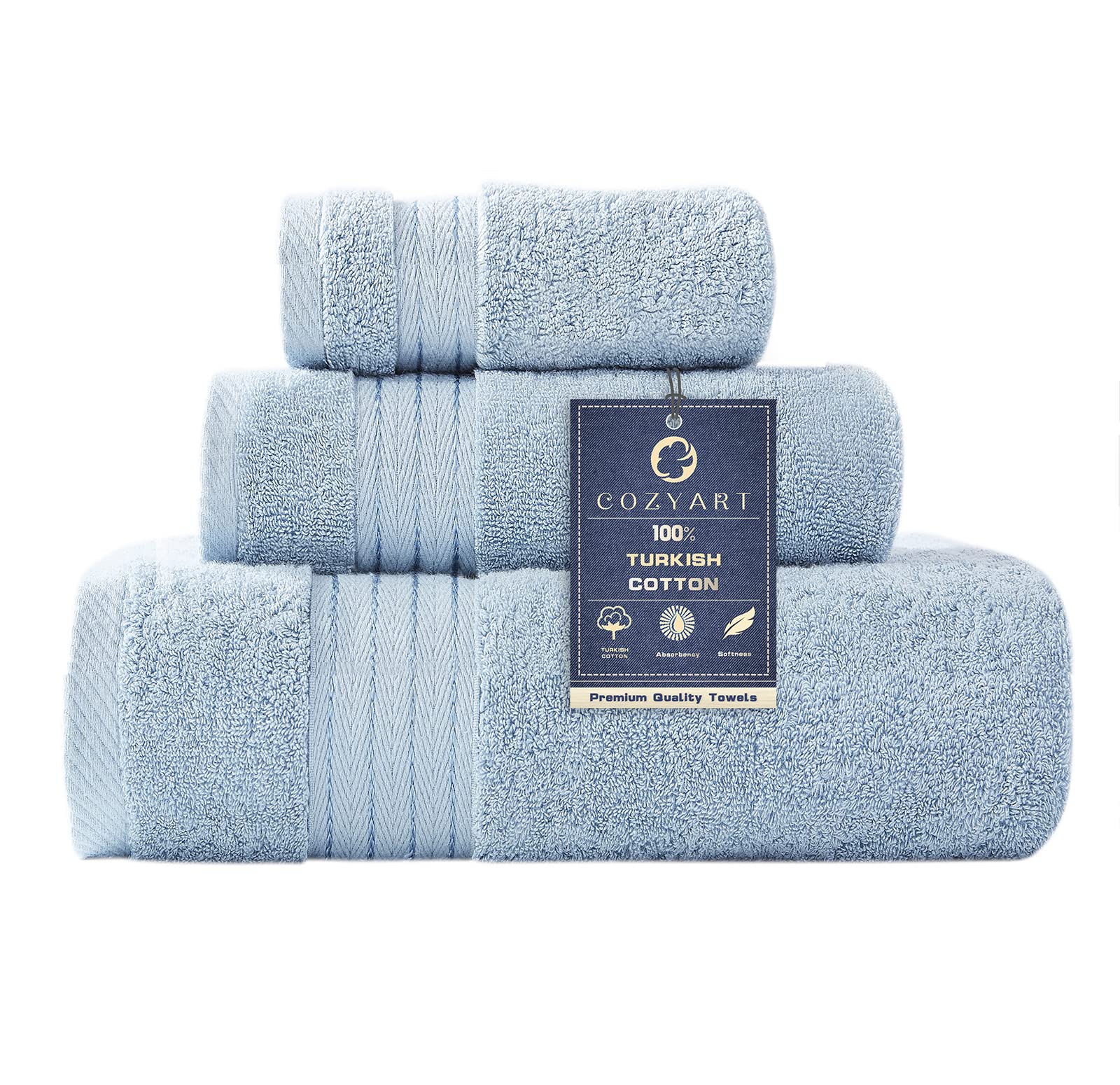 COZYART Light Blue Towels Set for Bathroom 3Pcs, Turkish Cotton Bath Towels Sets for Bathroom Soft Highly Absorbent 650 GSM with 1 Bath Towel, 1 Hand