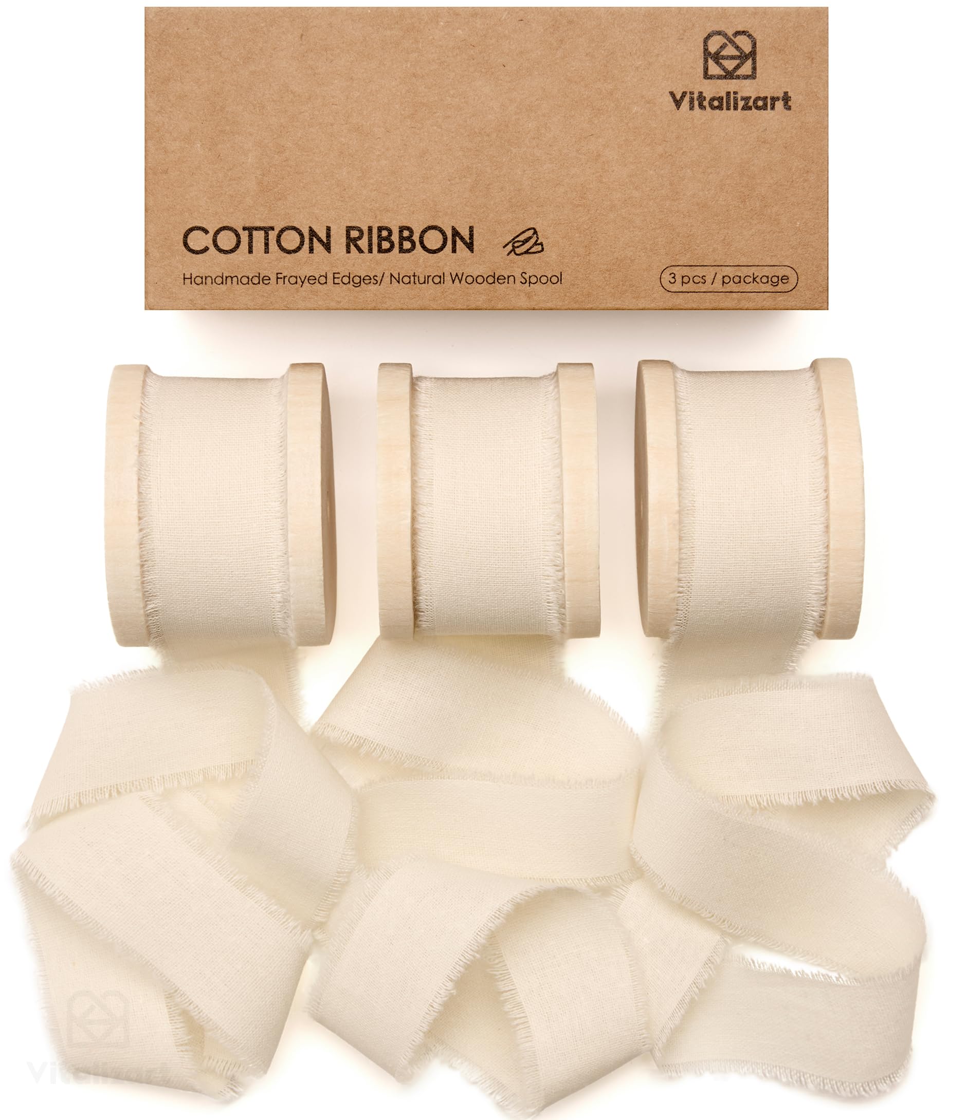 Vitalizart 1 in x 15 Yd Ivory Ribbon Handmade Frayed Fringe, 3 Rolls x 5 Yd Vintage Cotton Ribbons for Wrapping Wedding Invites, Bridal Bouquets, Gifts & Crafts & Home Decoration