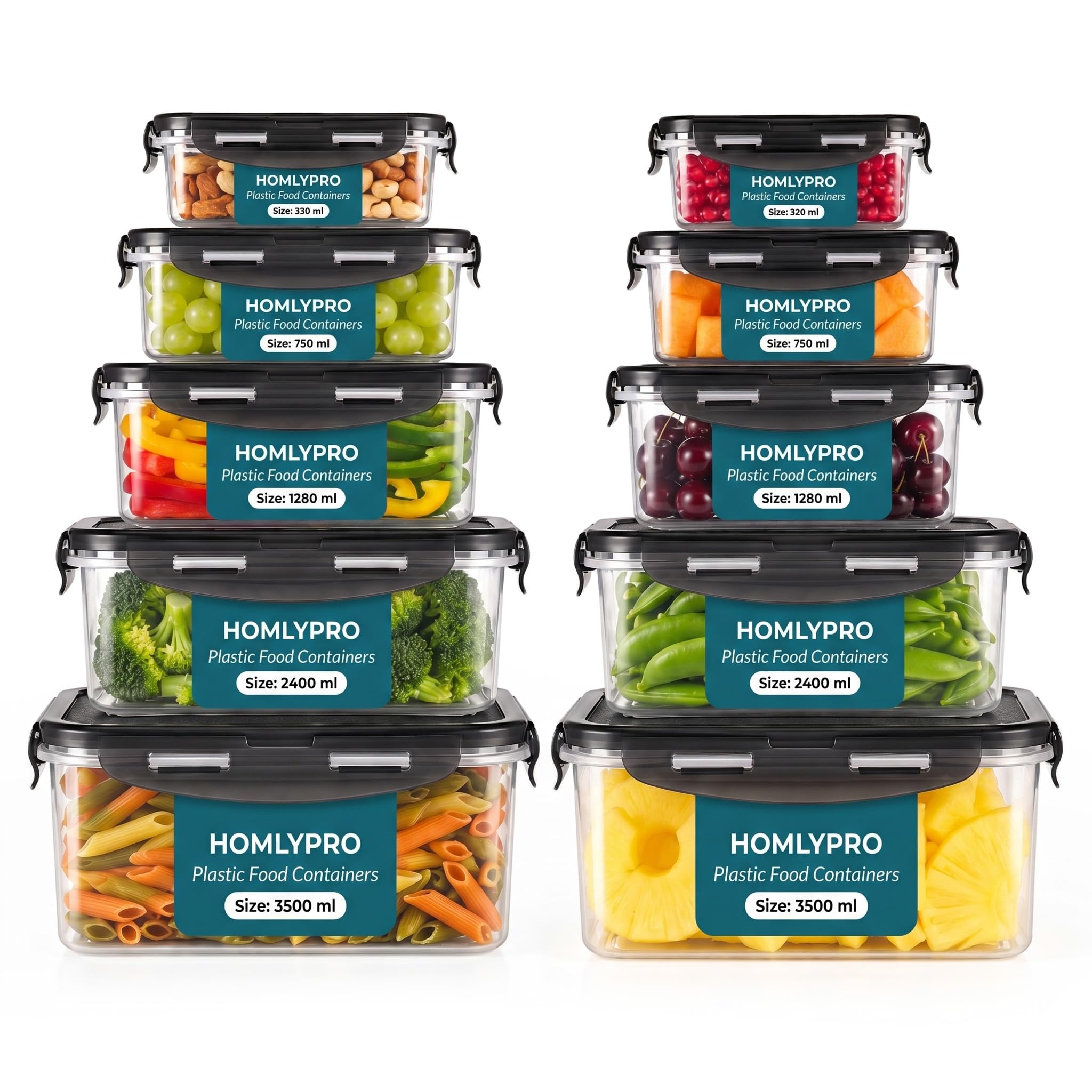 HomlyPro 20 Pieces Black Plastic Food Containers with Lids (10 Boxes & 10 Lids) Leakproof Airtight Meal Prep Containers, Stackable BPA-Free, Freezer Microwave Dishwasher Safe