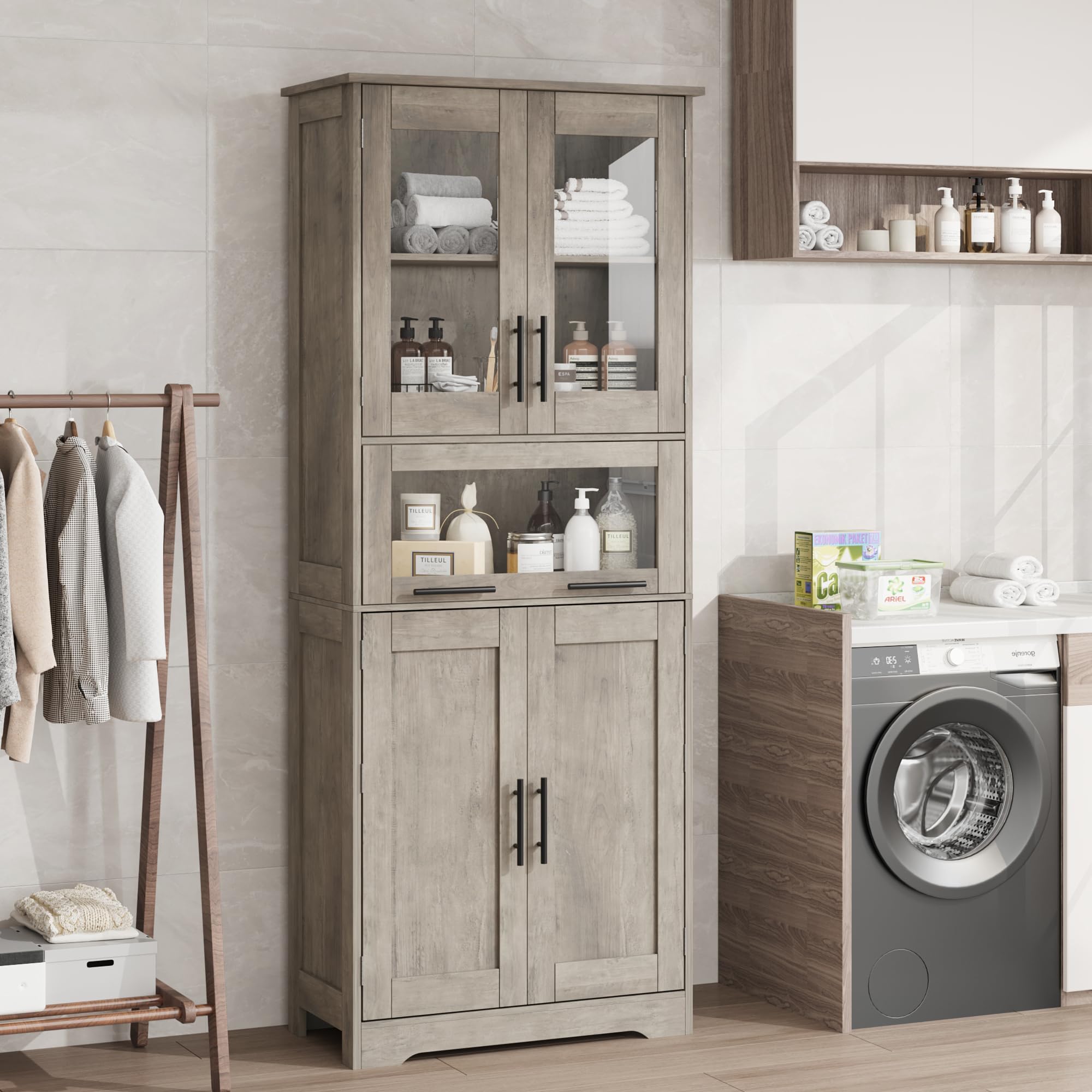 Armario de Baño de Doble Compartimento, Mueble de Baño con Puertas y Estante Ajustable, para Baño, Lavandería y Espacios Pequeños, Gris, 60×30×170 cm
